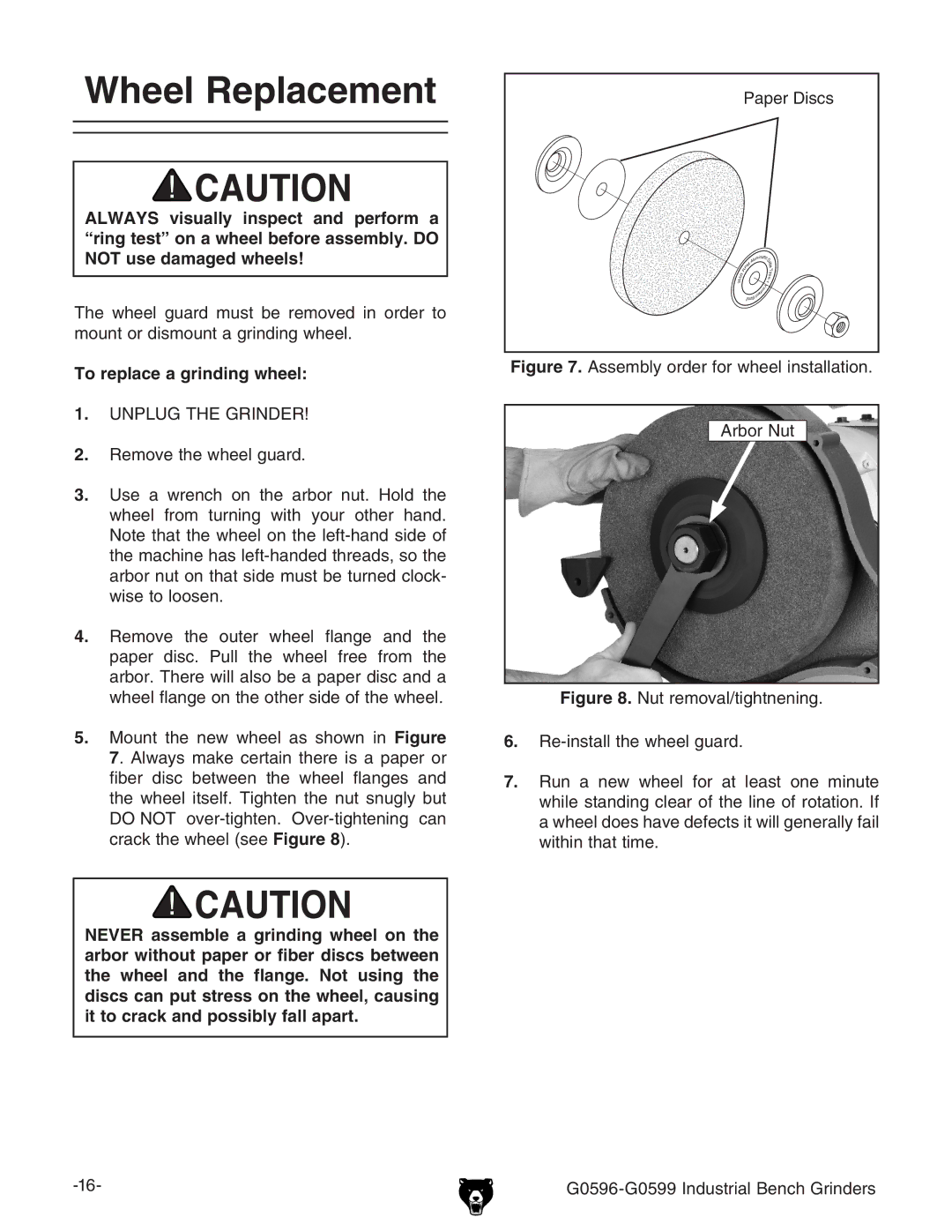 Grizzly G0596 owner manual Wheel Replacement, To replace a grinding wheel 