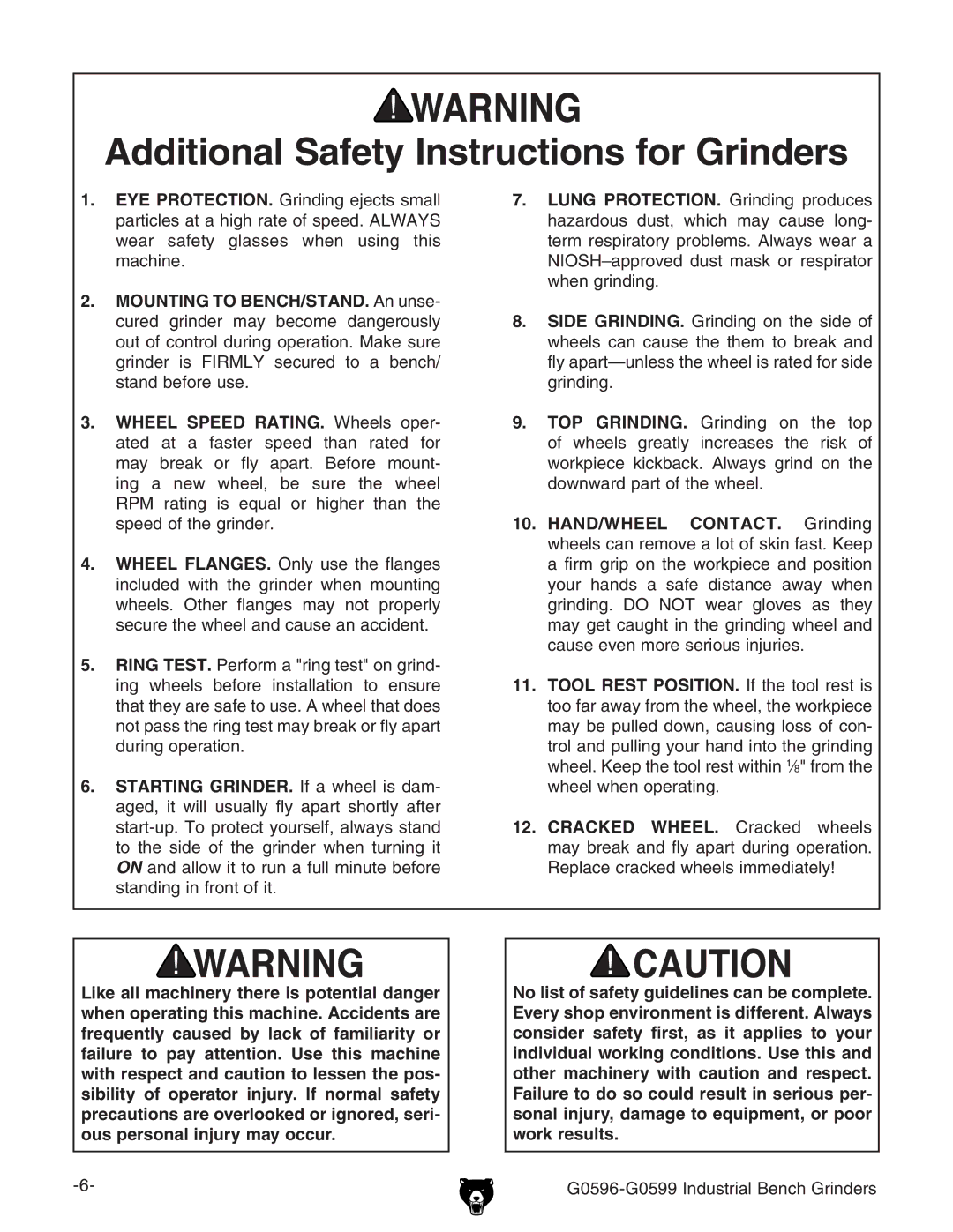 Grizzly G0596 owner manual Additional Safety Instructions for Grinders 