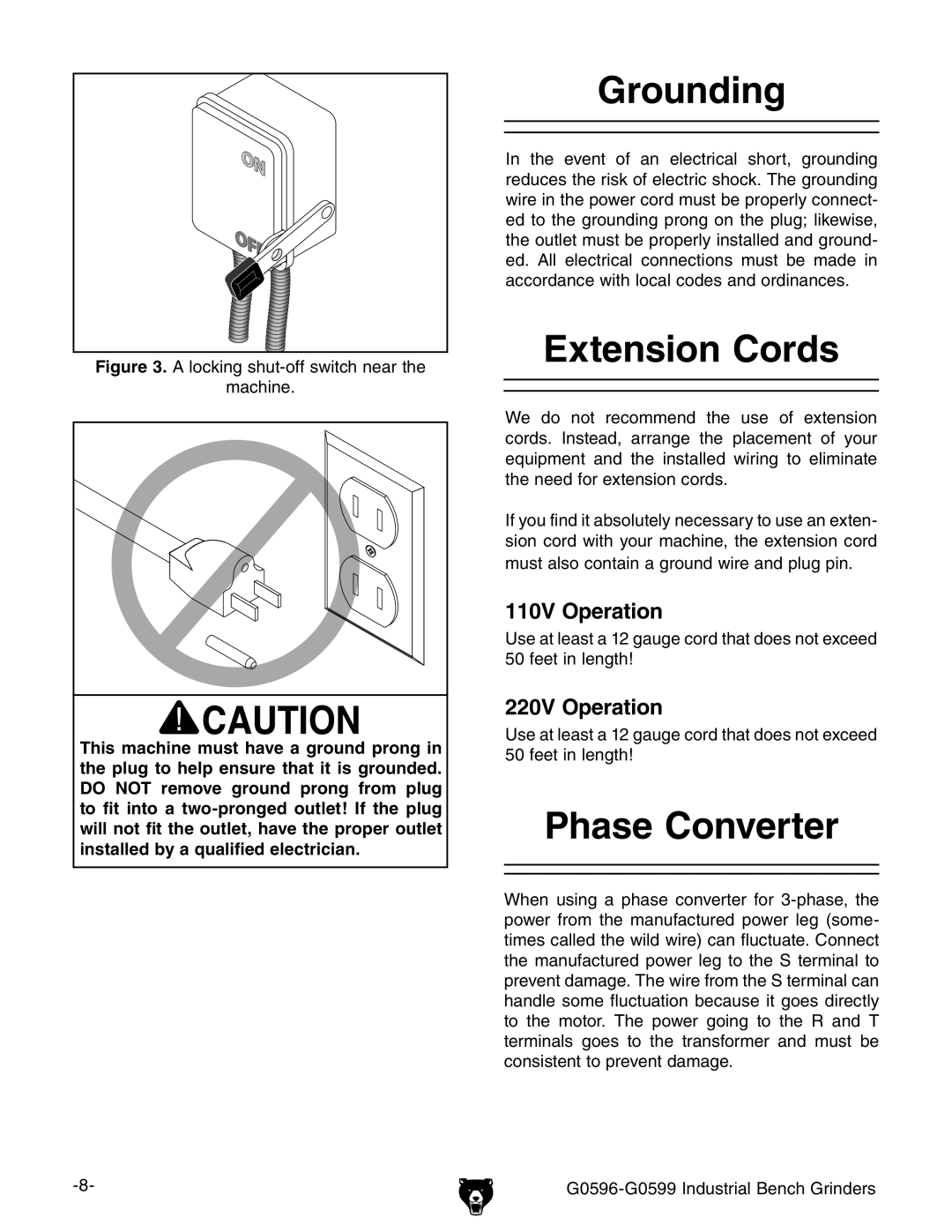 Grizzly G0598, G0597, G0599 owner manual Grounding, Extension Cords, Phase Converter 