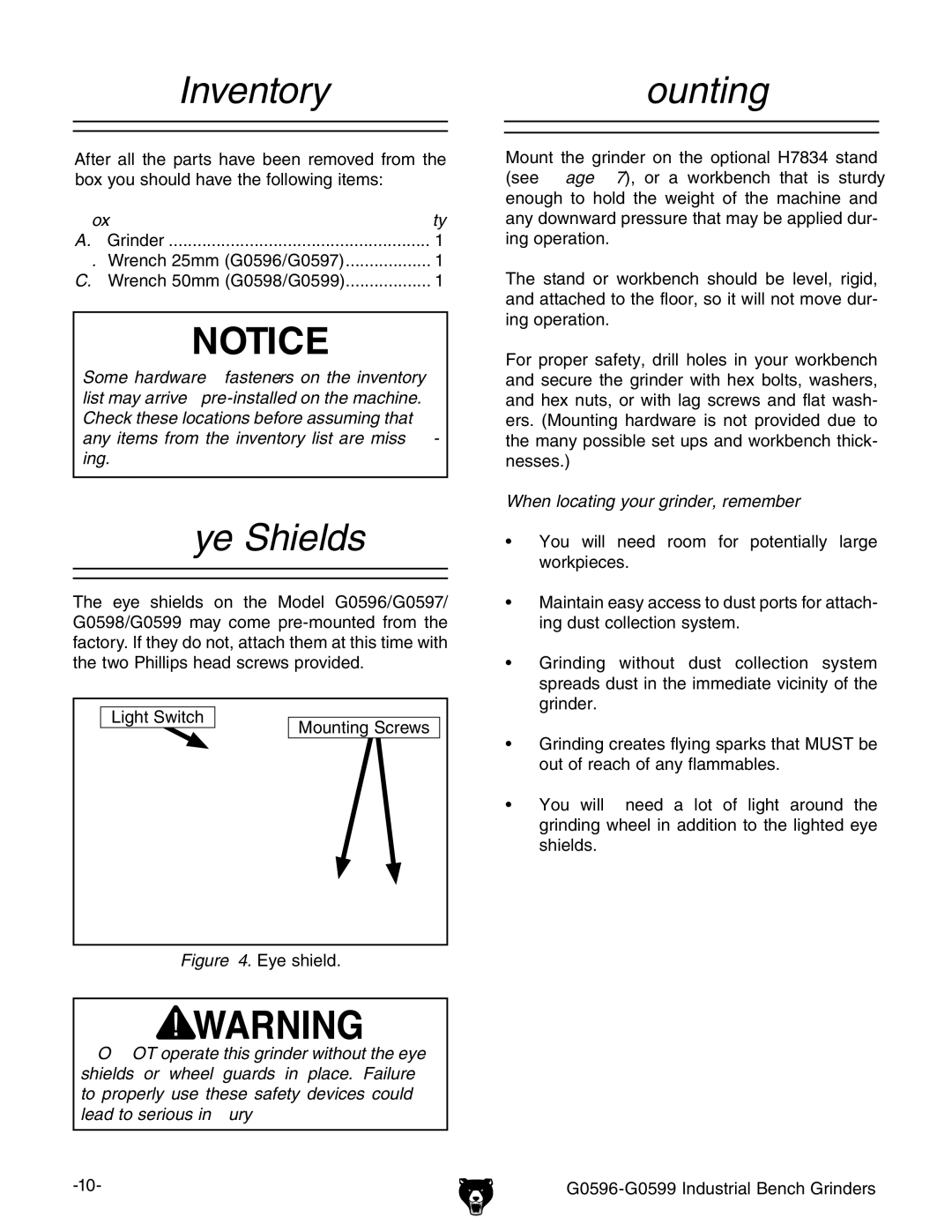 Grizzly G0597, G0598, G0599 owner manual InventoryMounting, Eye Shields, Box Qty, When locating your grinder, remember 