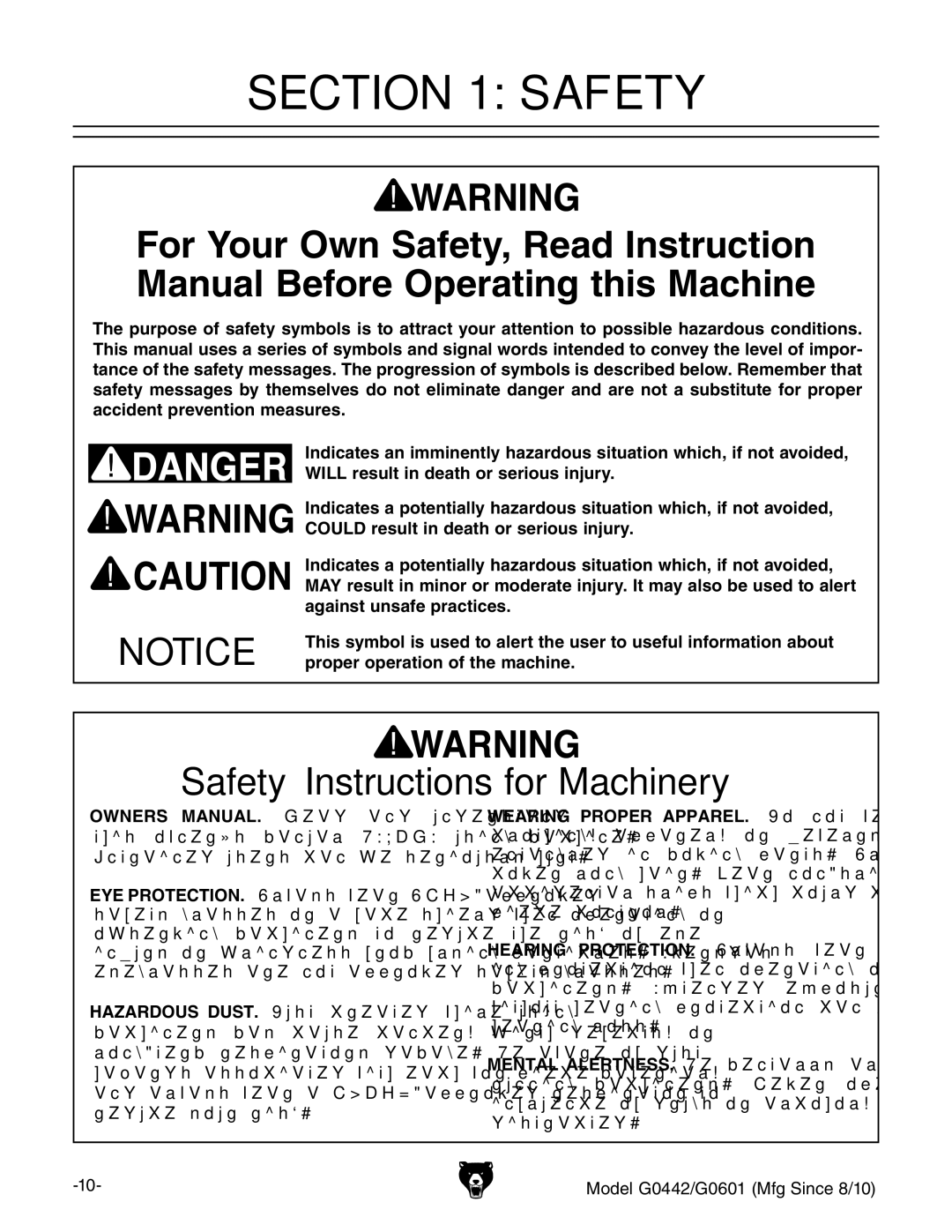 Grizzly G0601 owner manual Safety Instructions for Machinery 