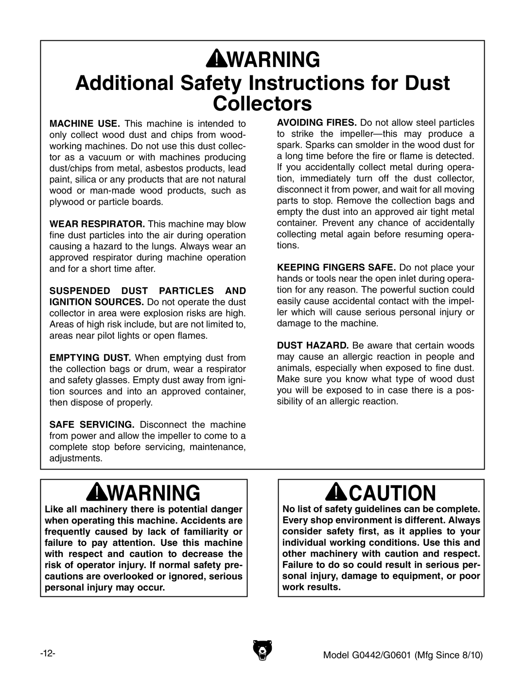 Grizzly G0601 owner manual Additional Safety Instructions for Dust Collectors 