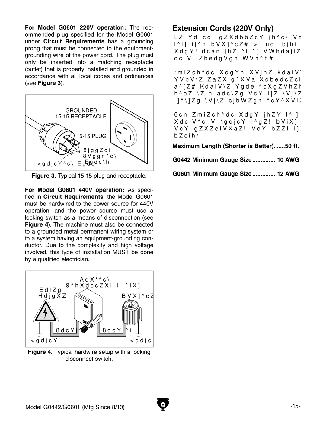 Grizzly G0601 owner manual Extension Cords 220V Only, 50 ft 