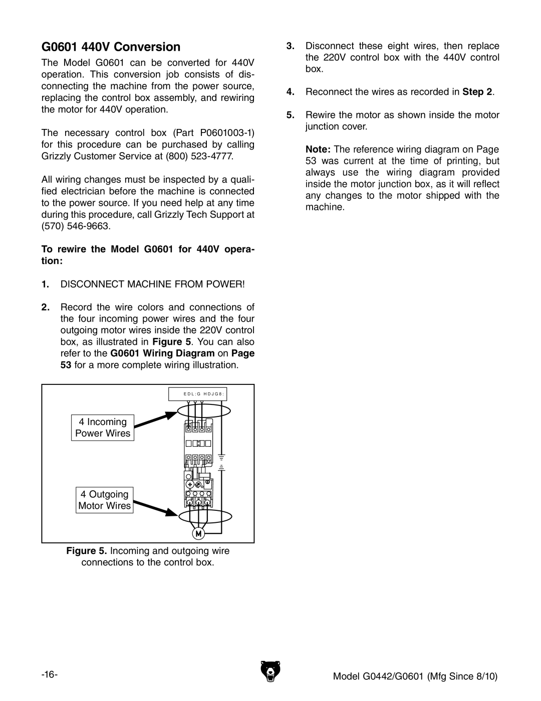 Grizzly owner manual G0601 440V Conversion, To rewire the Model G0601 for 440V opera- tion 