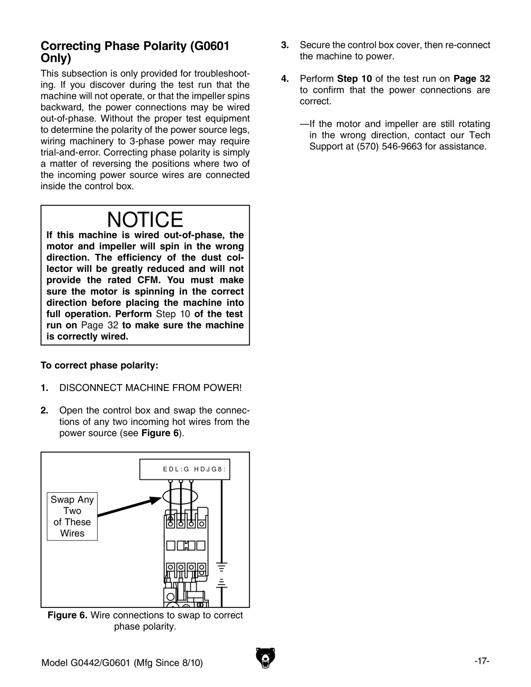 Grizzly owner manual Correcting Phase Polarity G0601 Only 