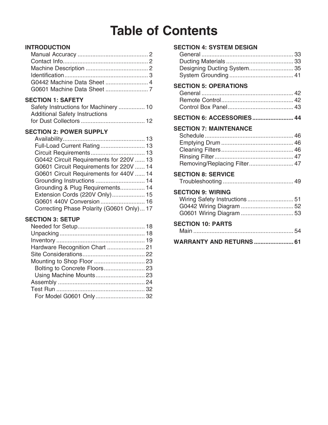 Grizzly G0601 owner manual Table of Contents 