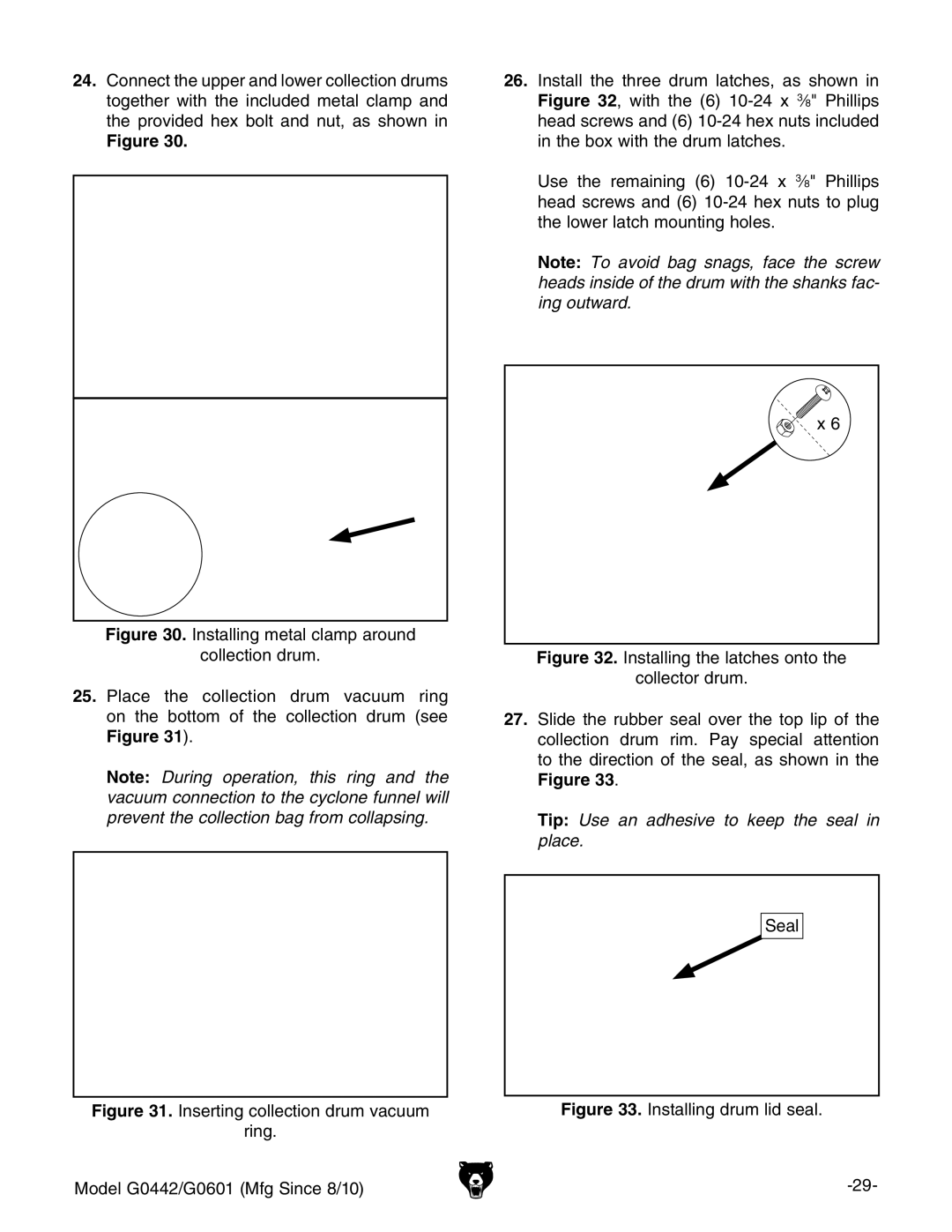 Grizzly G0601 owner manual Tip Use an adhesive to keep the seal in place 