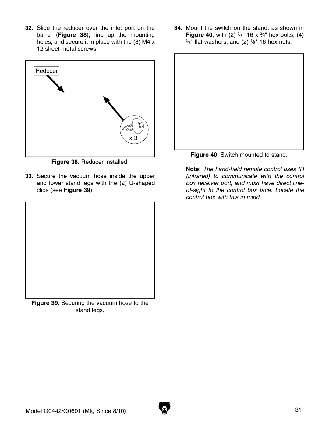 Grizzly owner manual Switch mounted to stand Model G0442/G0601 Mfg Since 8/10 