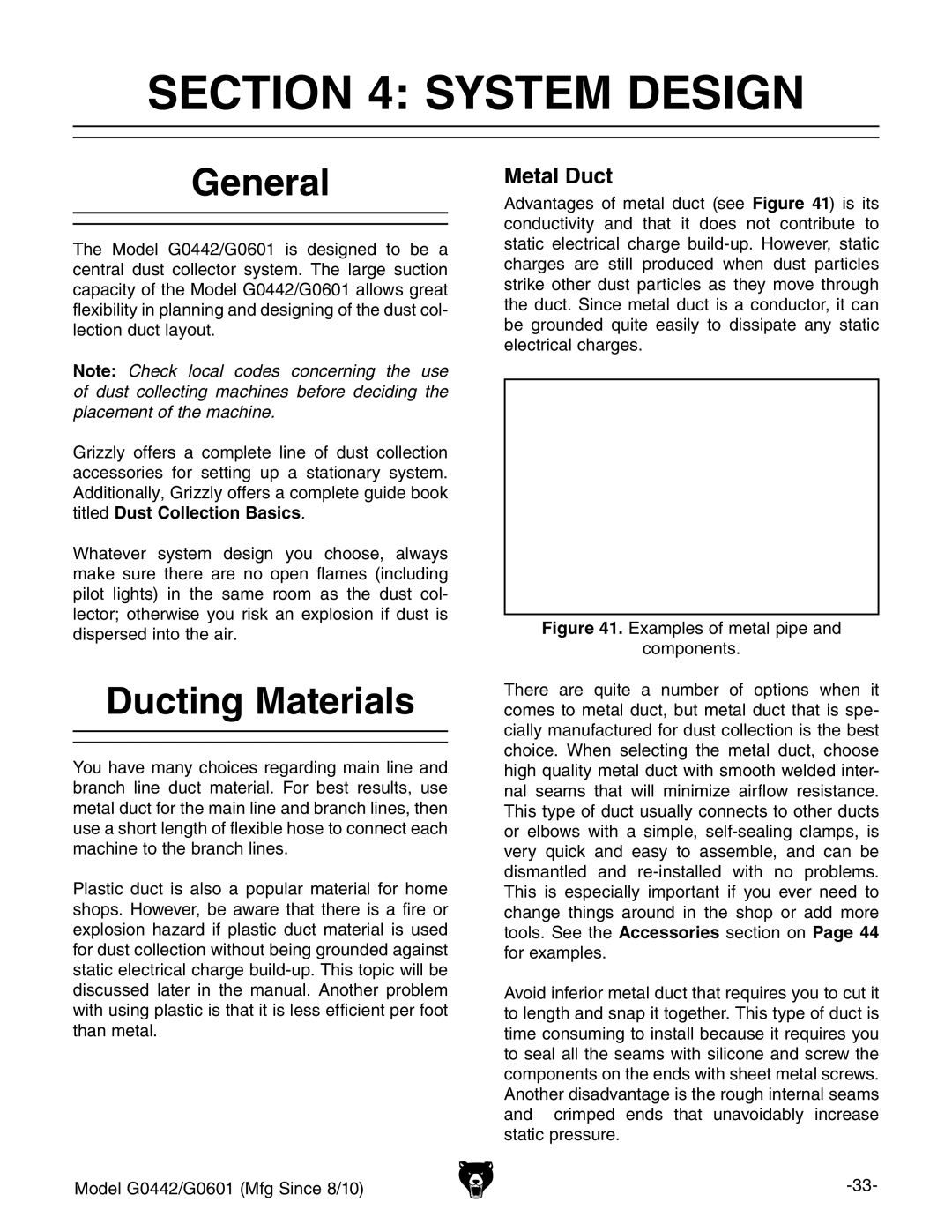 Grizzly G0601 owner manual System Design, General, Ducting Materials, Metal Duct 