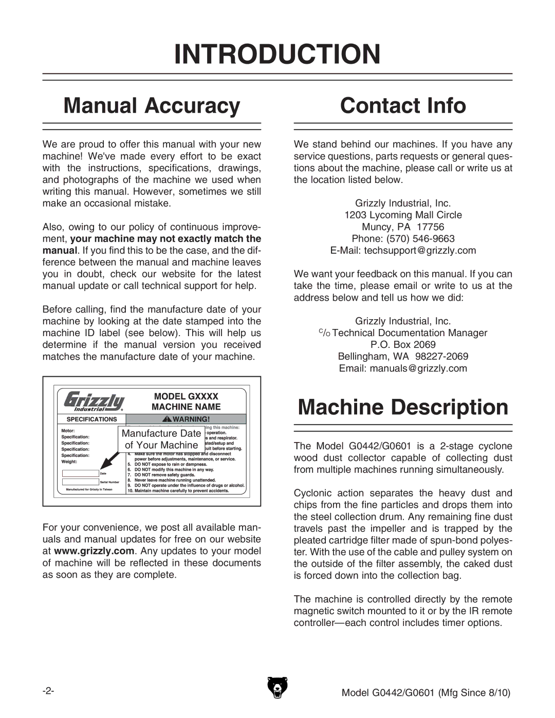 Grizzly G0601 owner manual Introduction, Manual Accuracy, Contact Info, Machine Description 