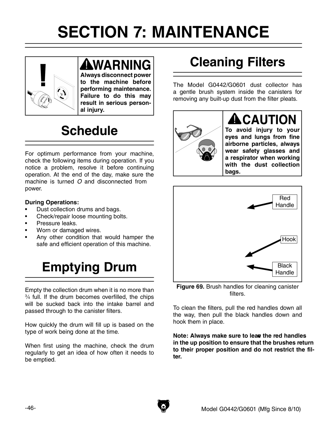 Grizzly G0601 owner manual Maintenance, Schedule, Emptying Drum, Cleaning Filters, During Operations 