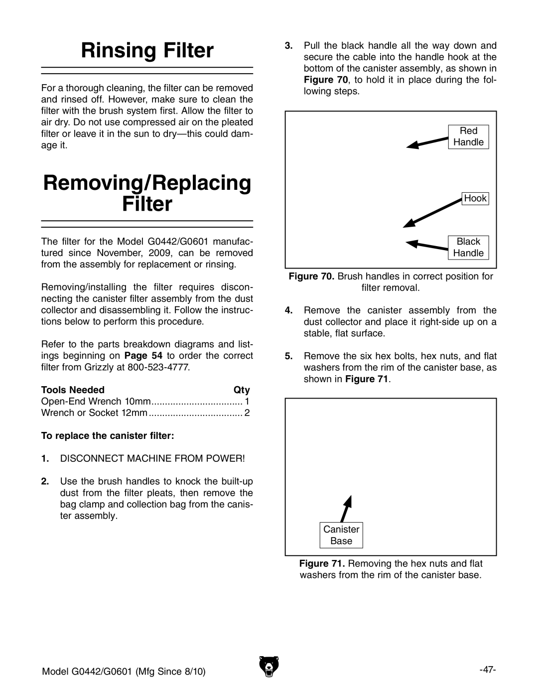 Grizzly G0601 owner manual Rinsing Filter, Removing/Replacing Filter, Tools Needed Qty, To replace the canister filter 