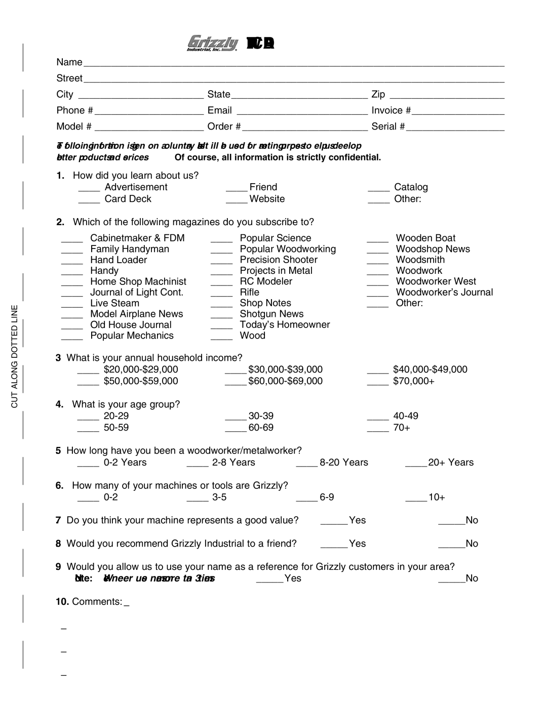 Grizzly G0601 owner manual Warranty Card, Comments 