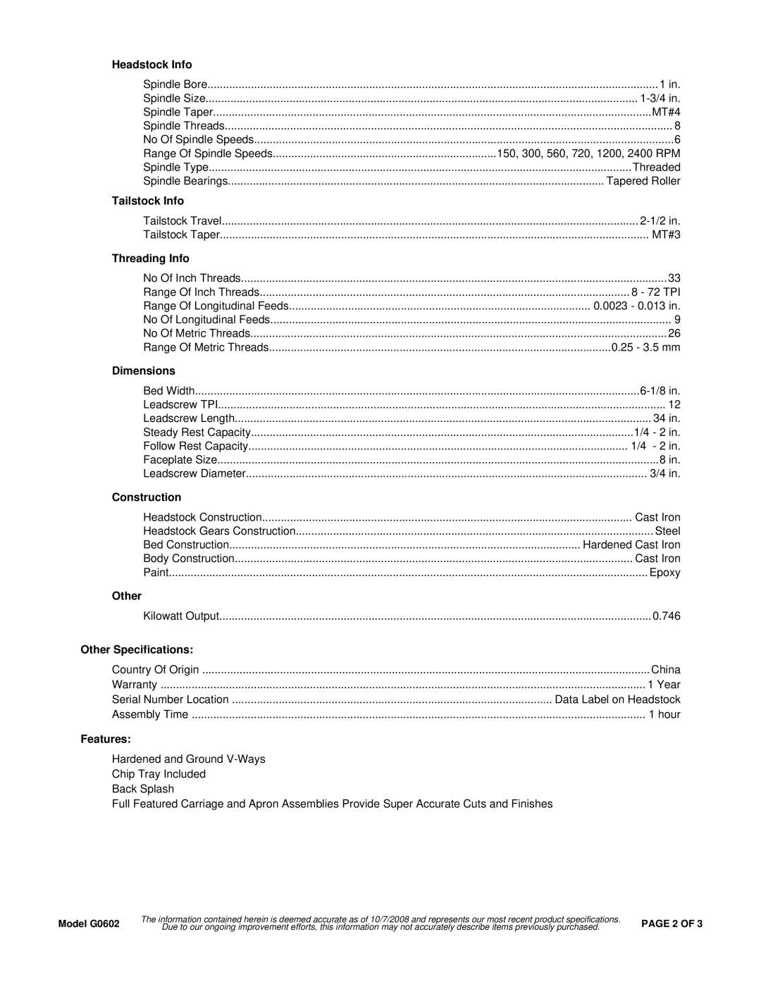Grizzly G0602 Headstock Info, Tailstock Info, Threading Info, Dimensions, Construction, Other Specifications, Features 