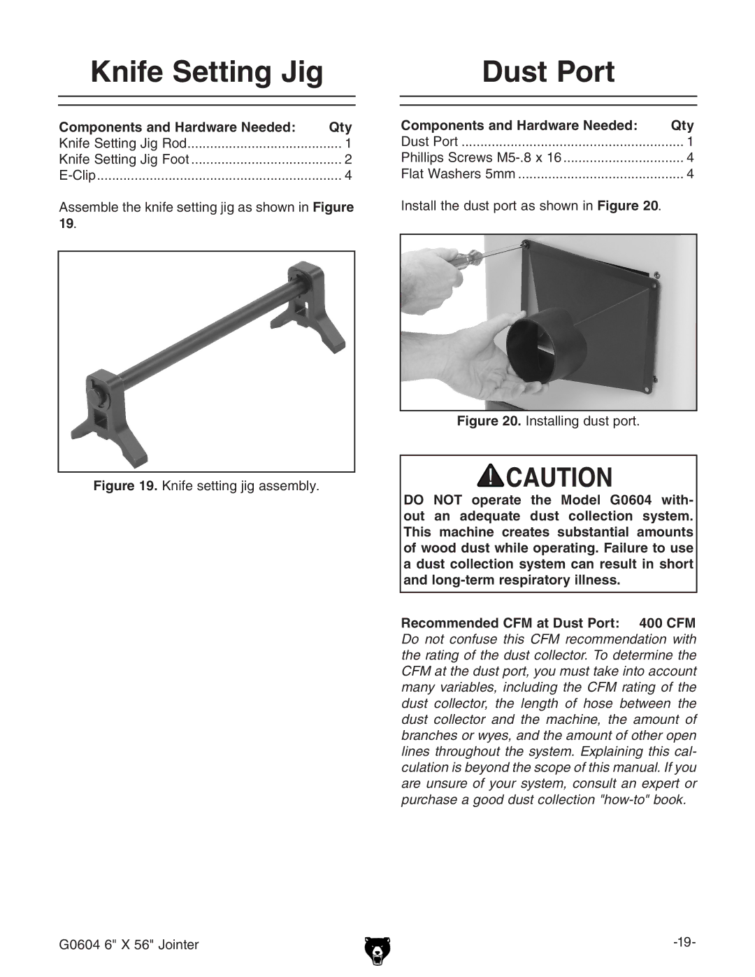 Grizzly G0604 owner manual Knife Setting Jig, Dust Port 