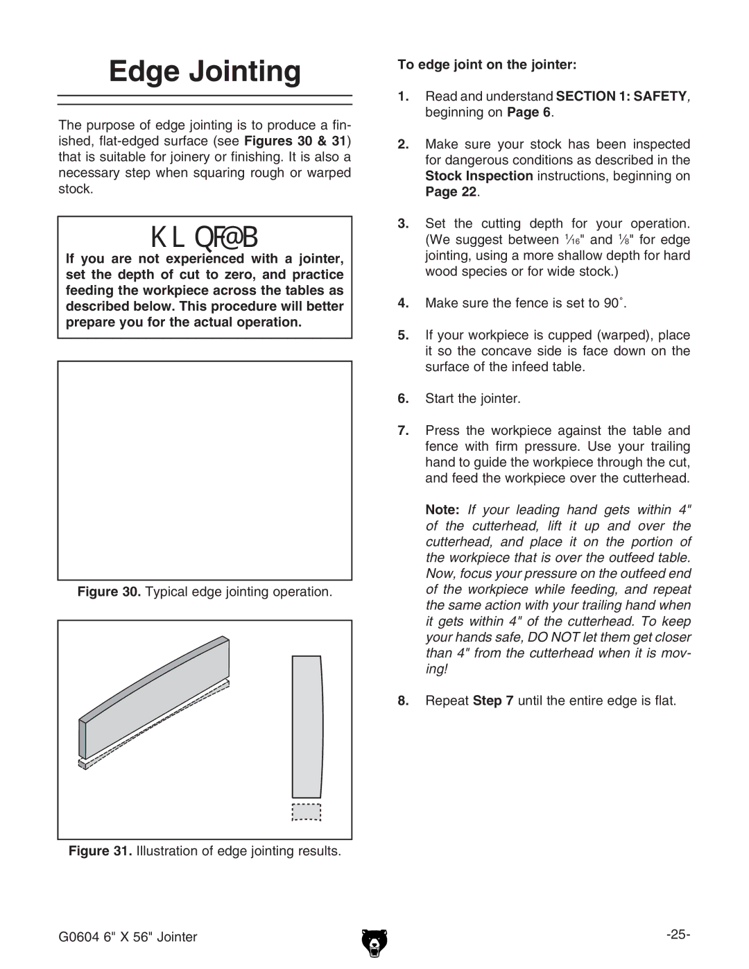 Grizzly G0604 owner manual Edge Jointing, To edge joint on the jointer 