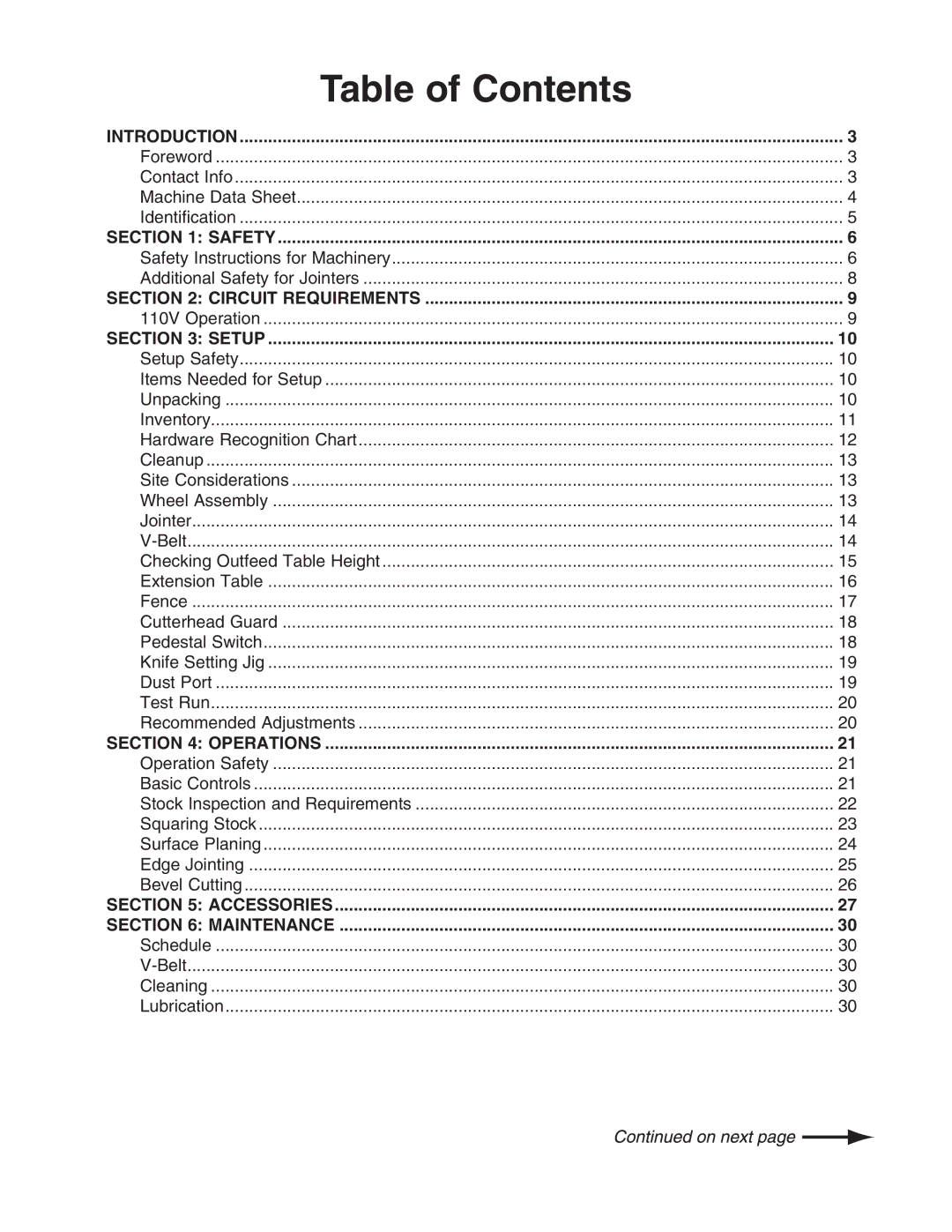 Grizzly G0604 owner manual Table of Contents 