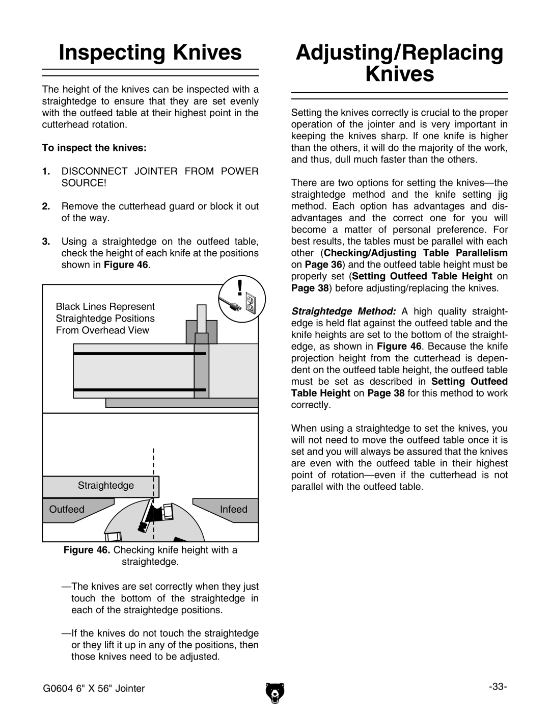 Grizzly G0604 owner manual Inspecting Knives, Adjusting/Replacing Knives, To inspect the knives 