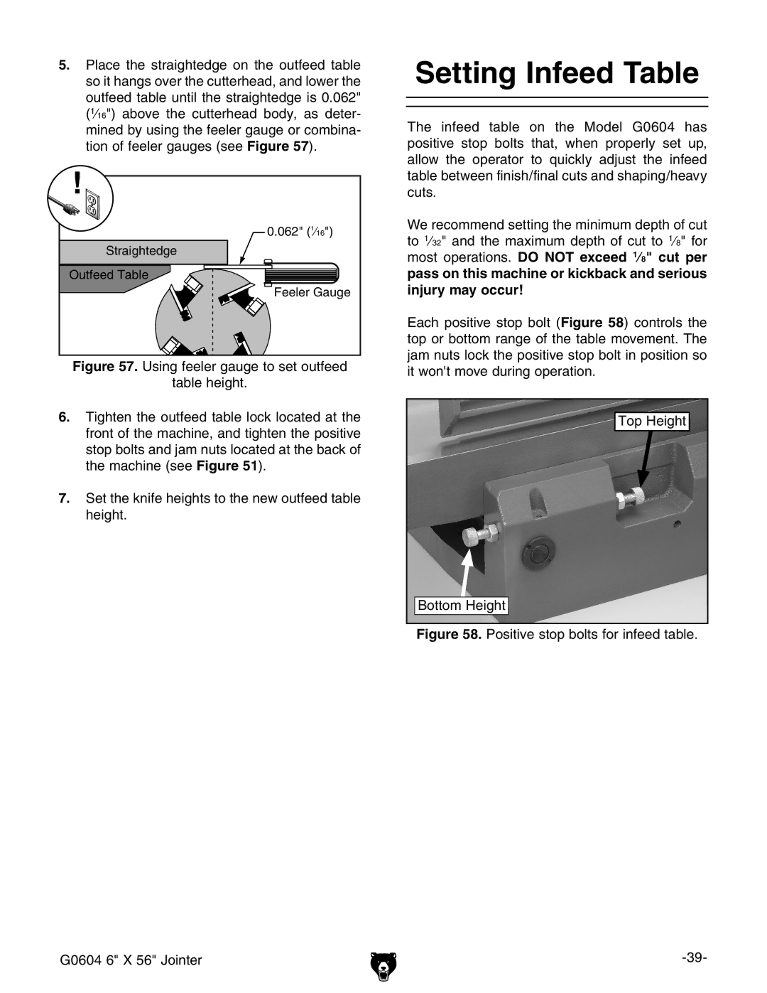 Grizzly G0604 owner manual Setting Infeed Table, Positive stop bolts for infeed table 