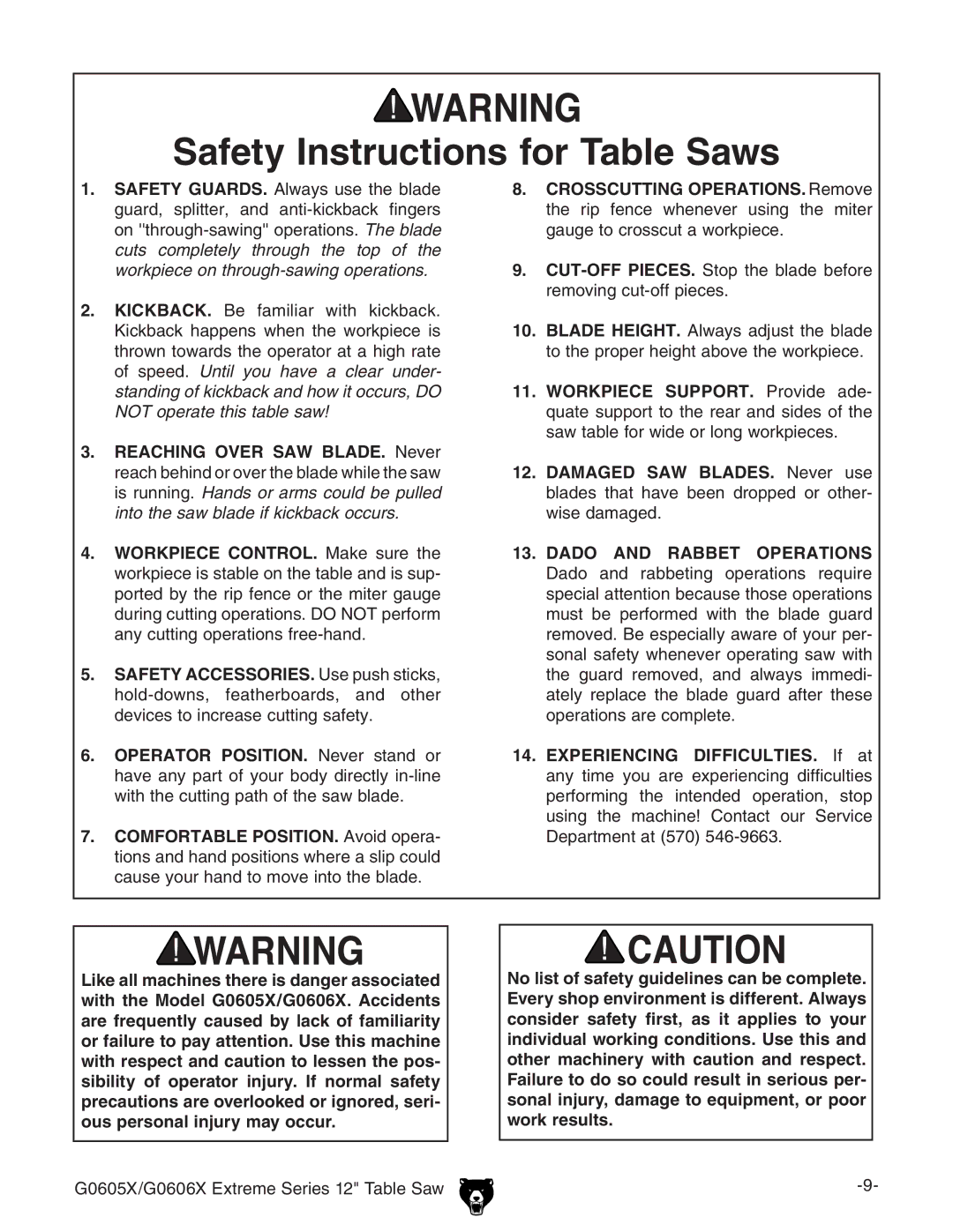 Grizzly G0606X, G0605X owner manual Safety Instructions for Table Saws 