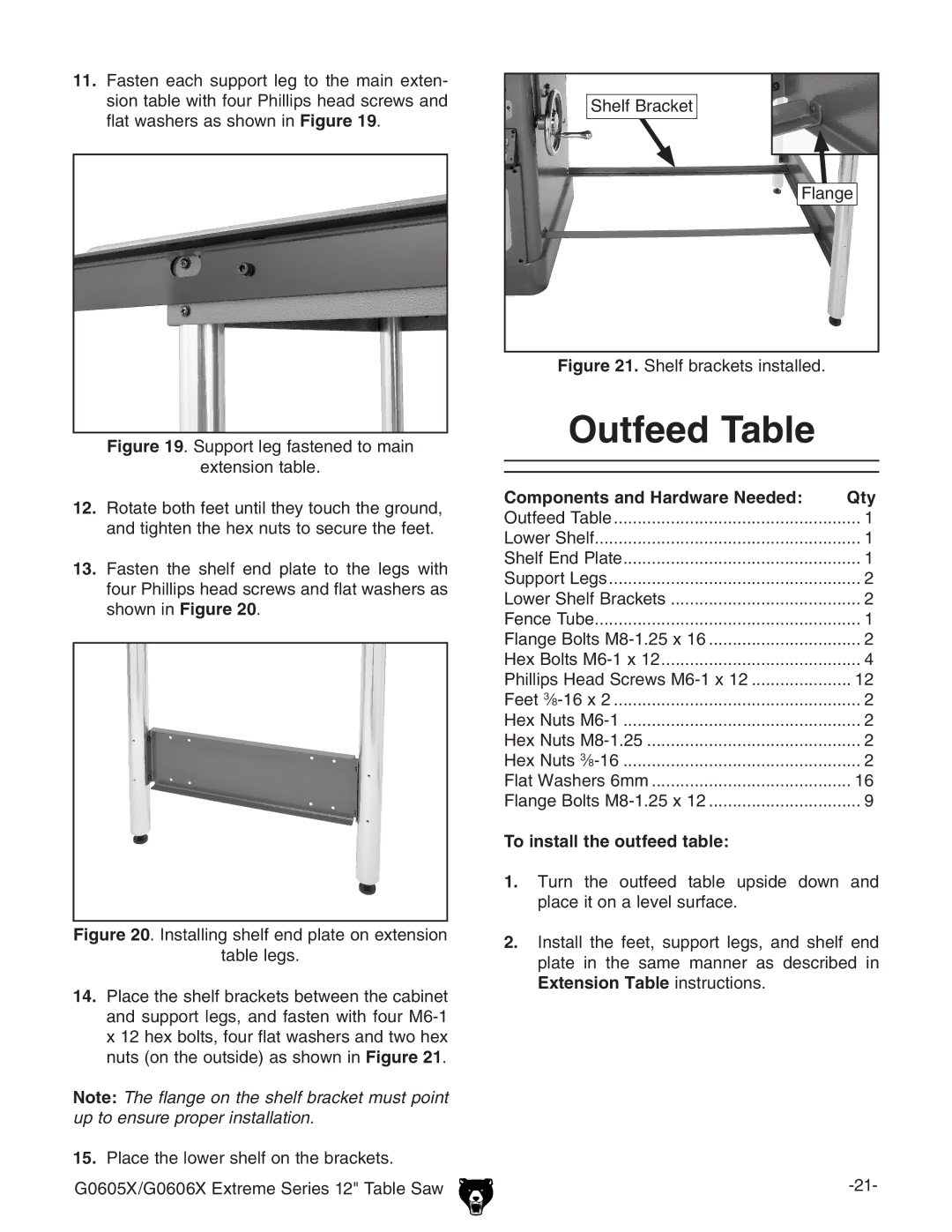 Grizzly G0606X, G0605X owner manual Outfeed Table, To install the outfeed table 