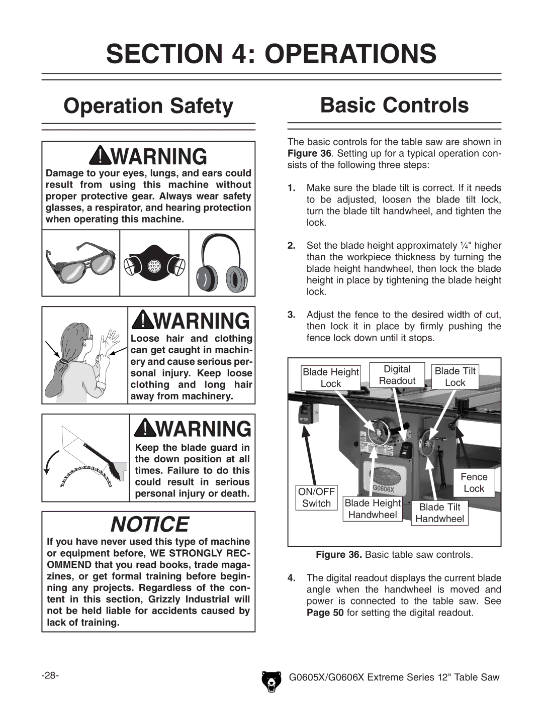 Grizzly G0605X, G0606X owner manual Operations, Operation Safety, Basic Controls 