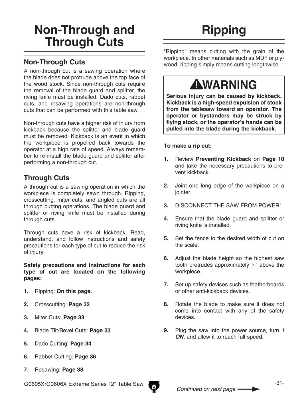 Grizzly G0606X, G0605X owner manual Non-Through Through Cuts, Ripping, Non-Through Cuts 