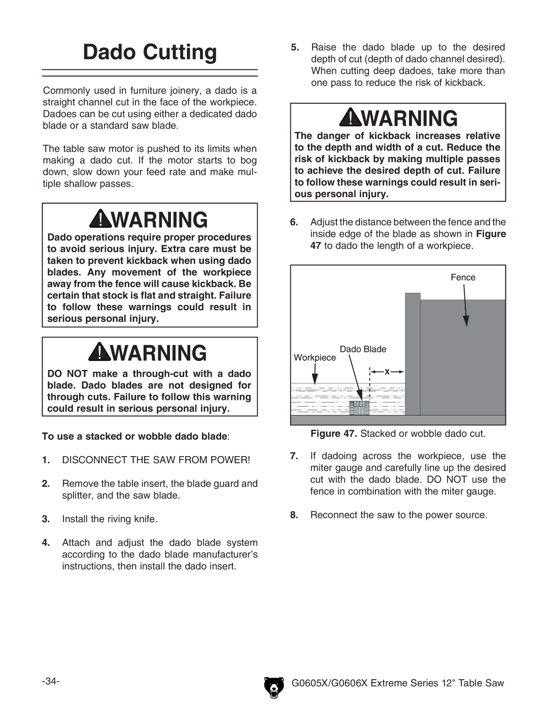 Grizzly G0605X, G0606X owner manual Dado Cutting 