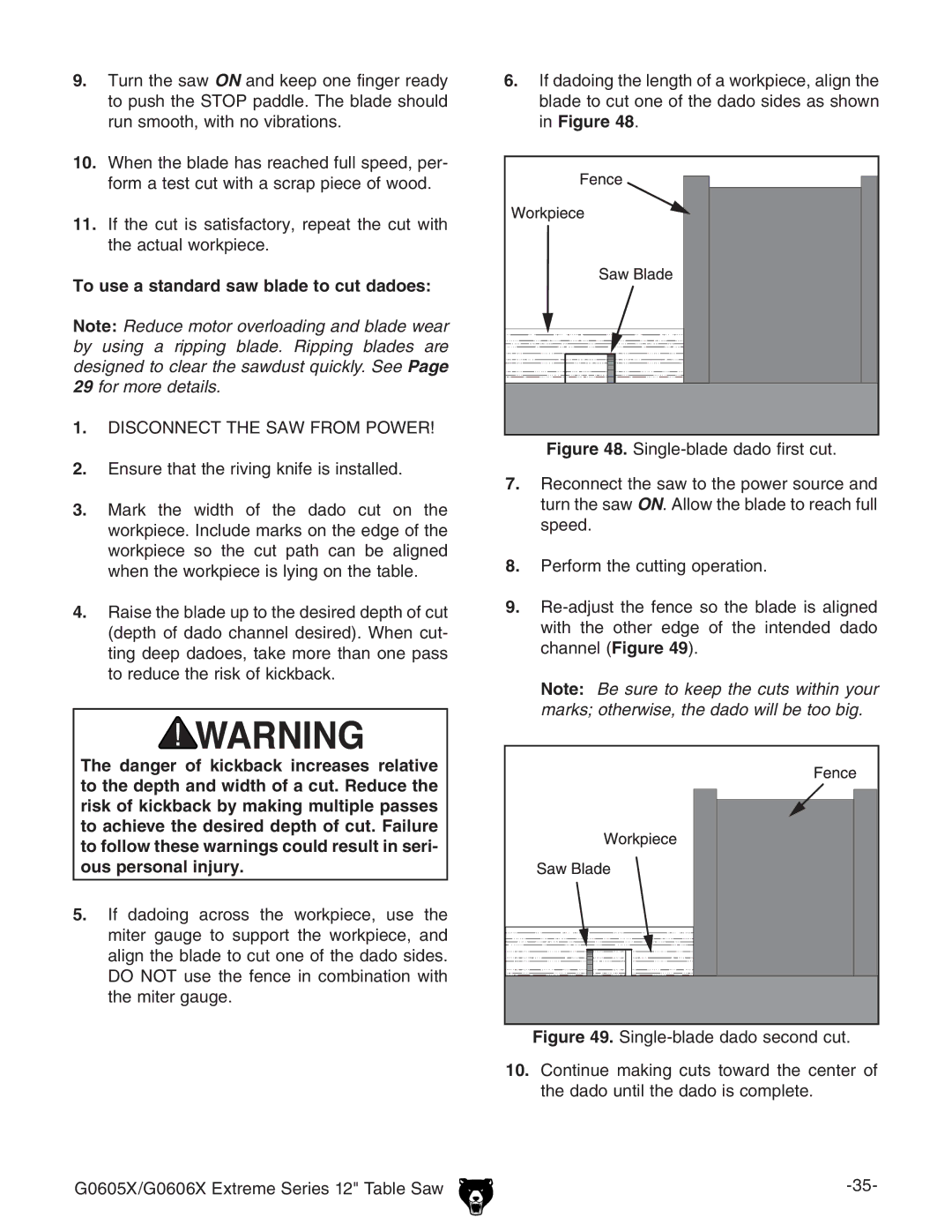 Grizzly G0606X, G0605X owner manual To use a standard saw blade to cut dadoes 