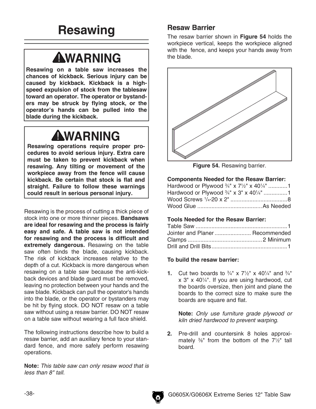 Grizzly G0605X, G0606X Resawing, Components Needed for the Resaw Barrier, Tools Needed for the Resaw Barrier 