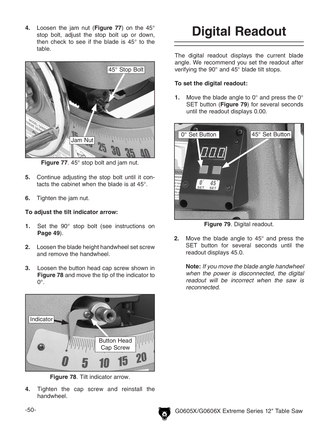 Grizzly G0605X, G0606X owner manual Digital Readout, To adjust the tilt indicator arrow, To set the digital readout 