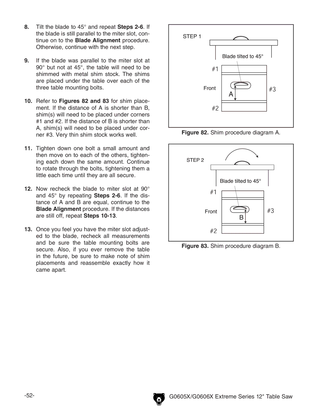 Grizzly G0605X, G0606X owner manual Shim procedure diagram a 