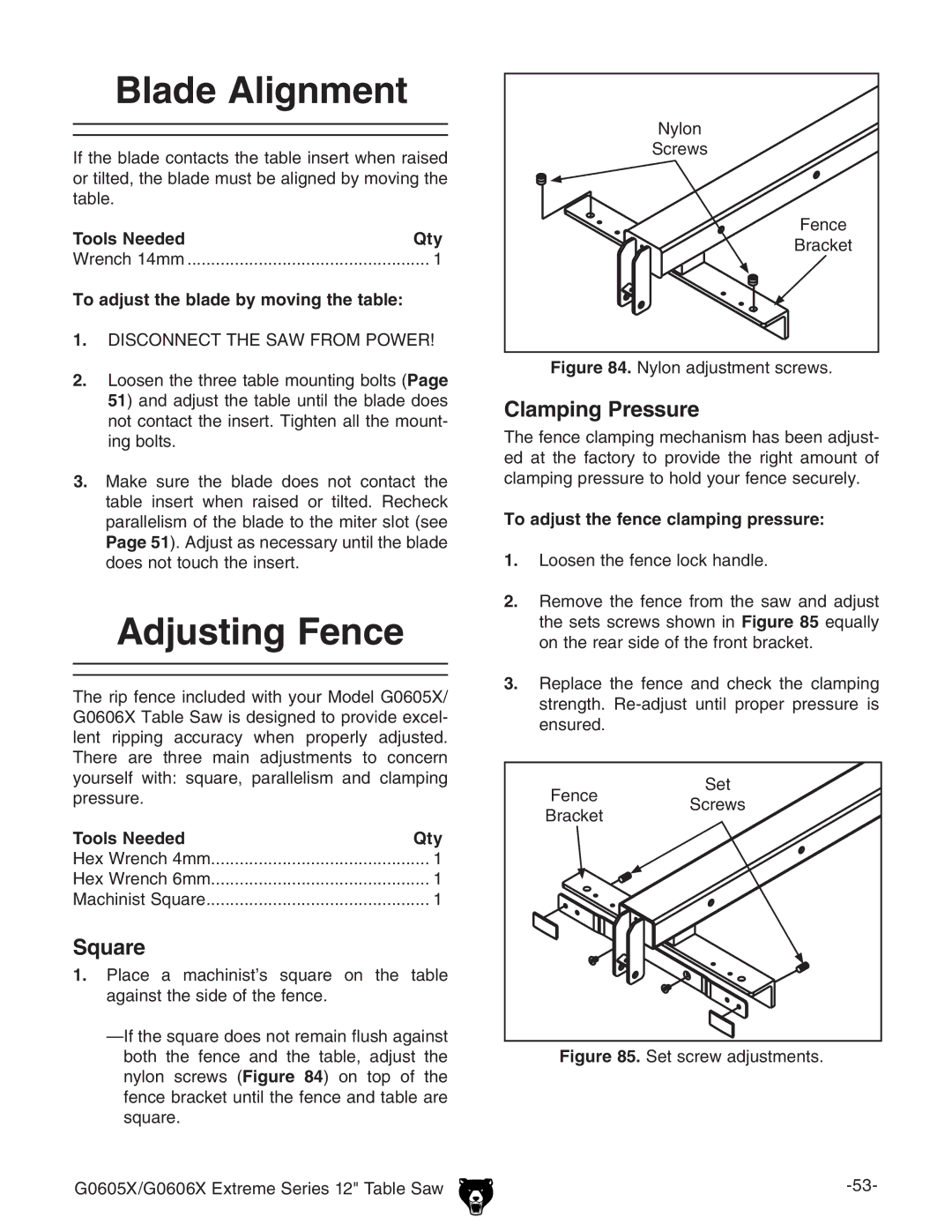 Grizzly G0606X, G0605X owner manual Blade Alignment, Adjusting Fence, Square, Clamping Pressure 