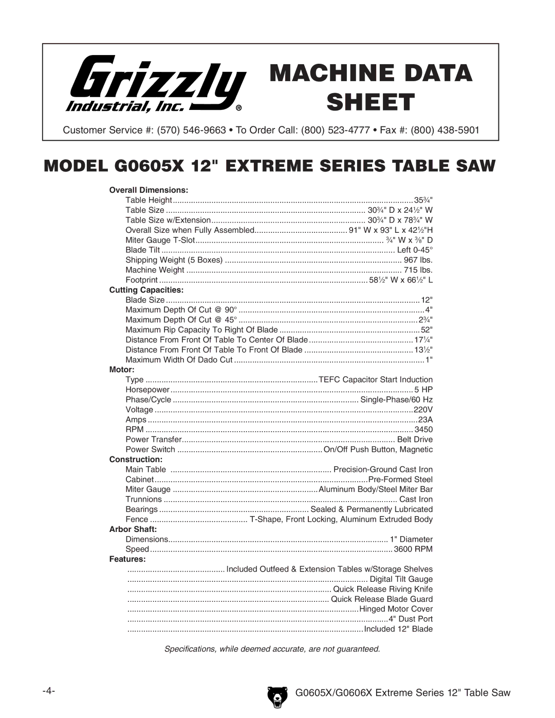 Grizzly G0605X, G0606X owner manual Machine Data Sheet 