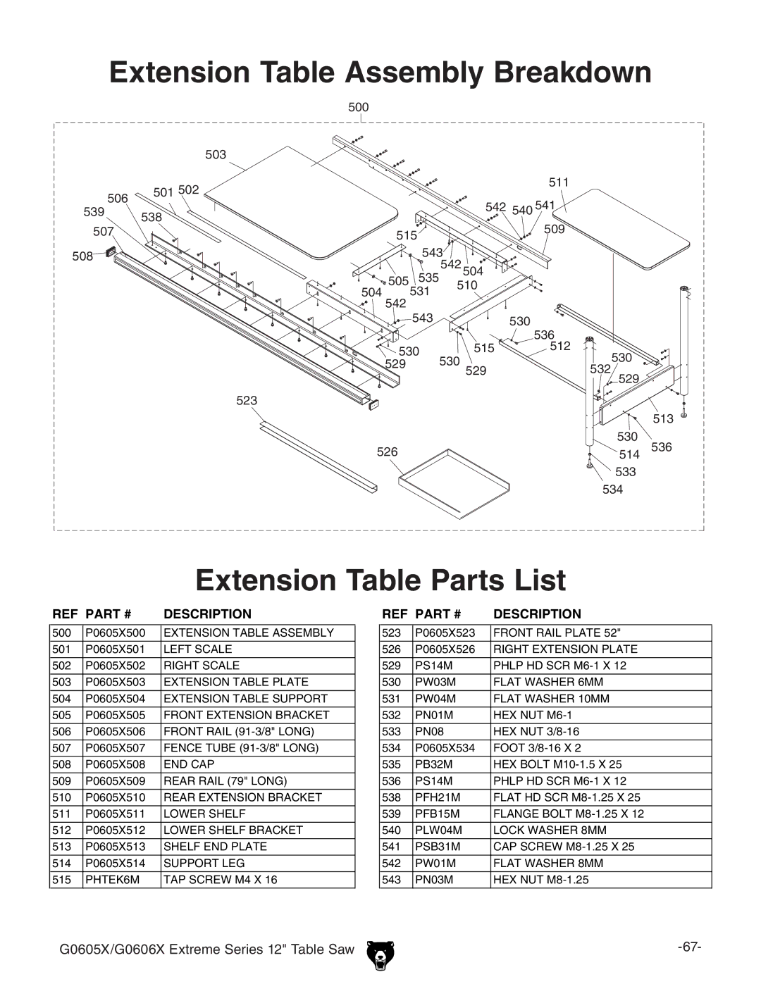 Grizzly G0606X, G0605X owner manual Extension Table Assembly 