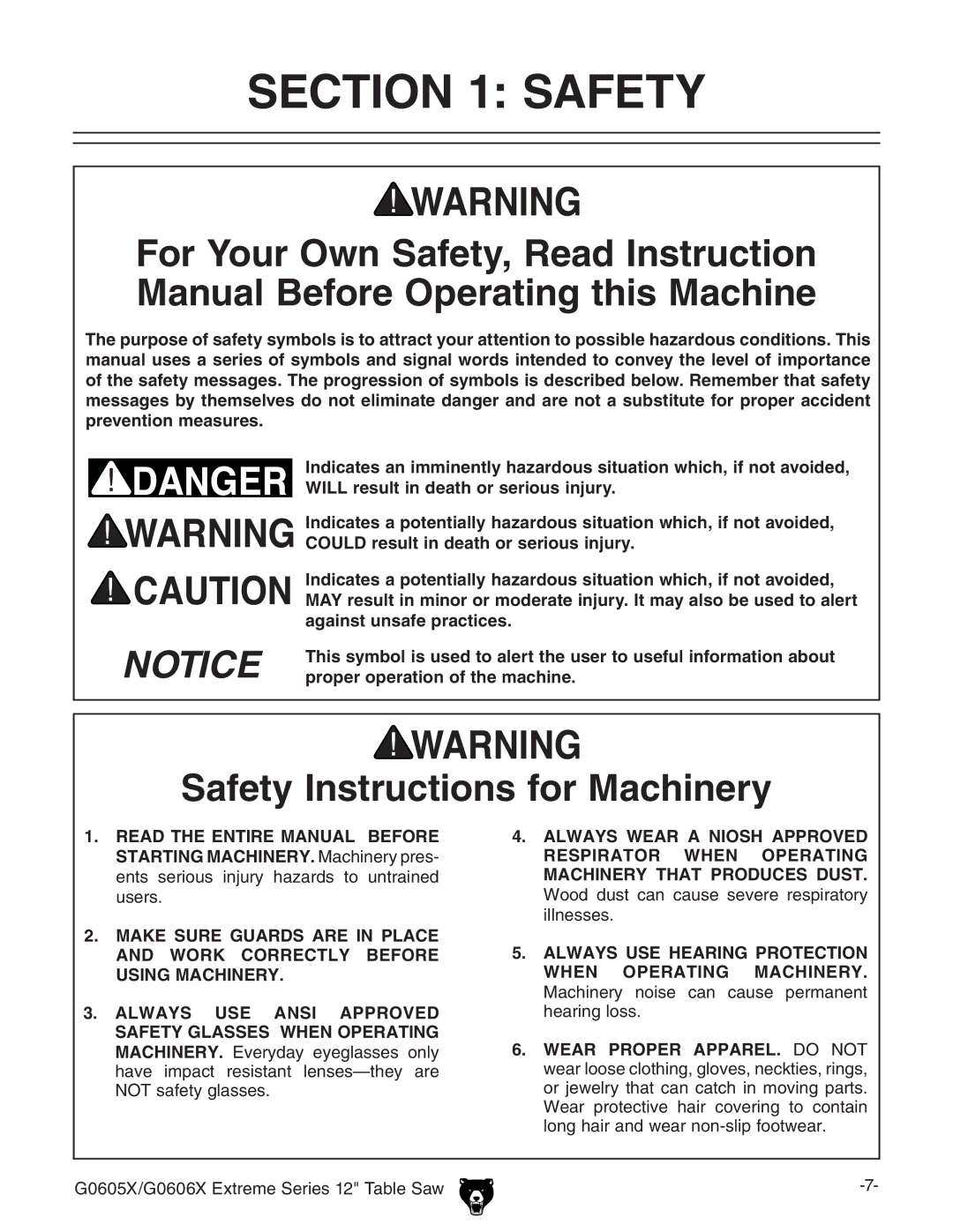 Grizzly G0606X, G0605X owner manual Safety Instructions for Machinery 