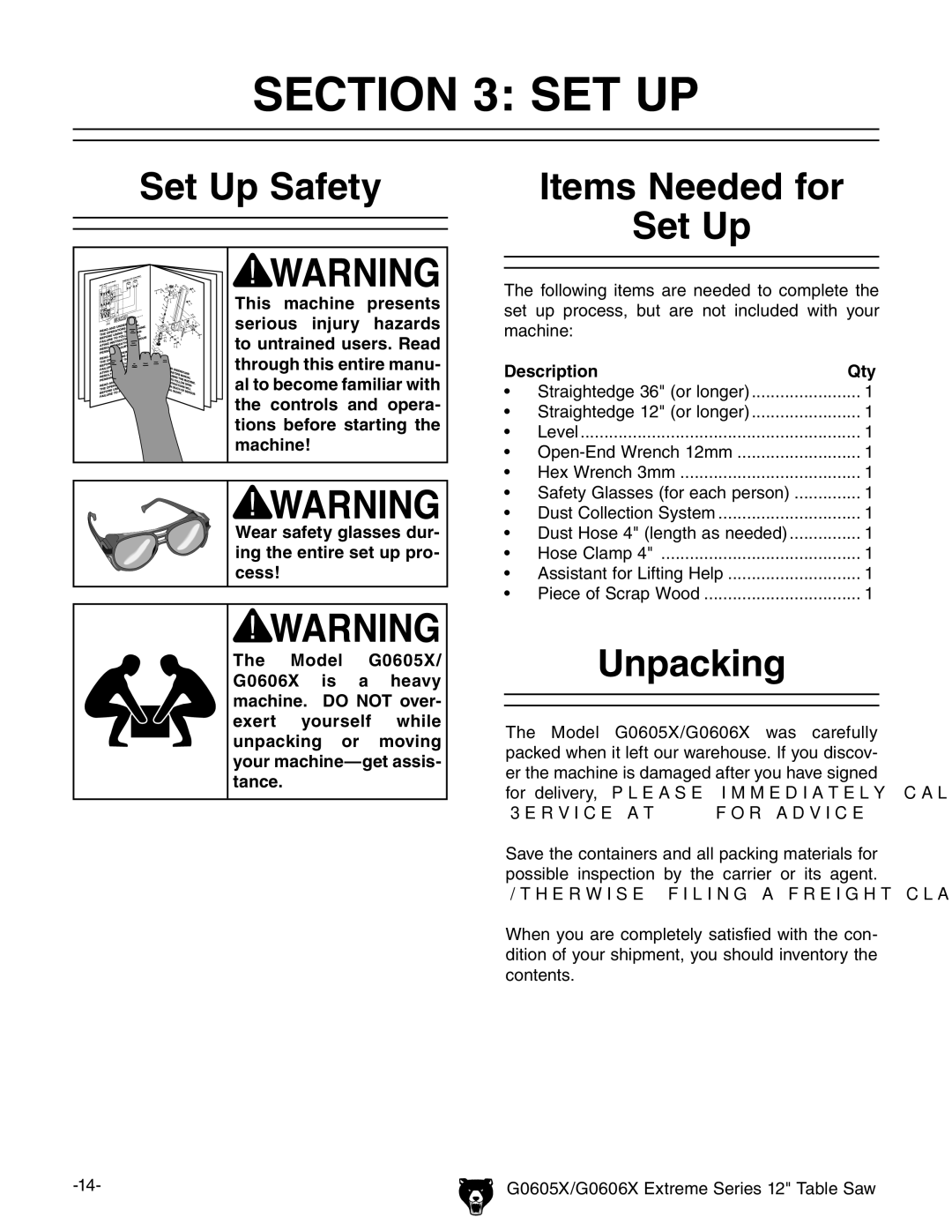 Grizzly G0605X/G0606X owner manual Set Up Safety, Items Needed for Set Up, Unpacking, Description Qty 