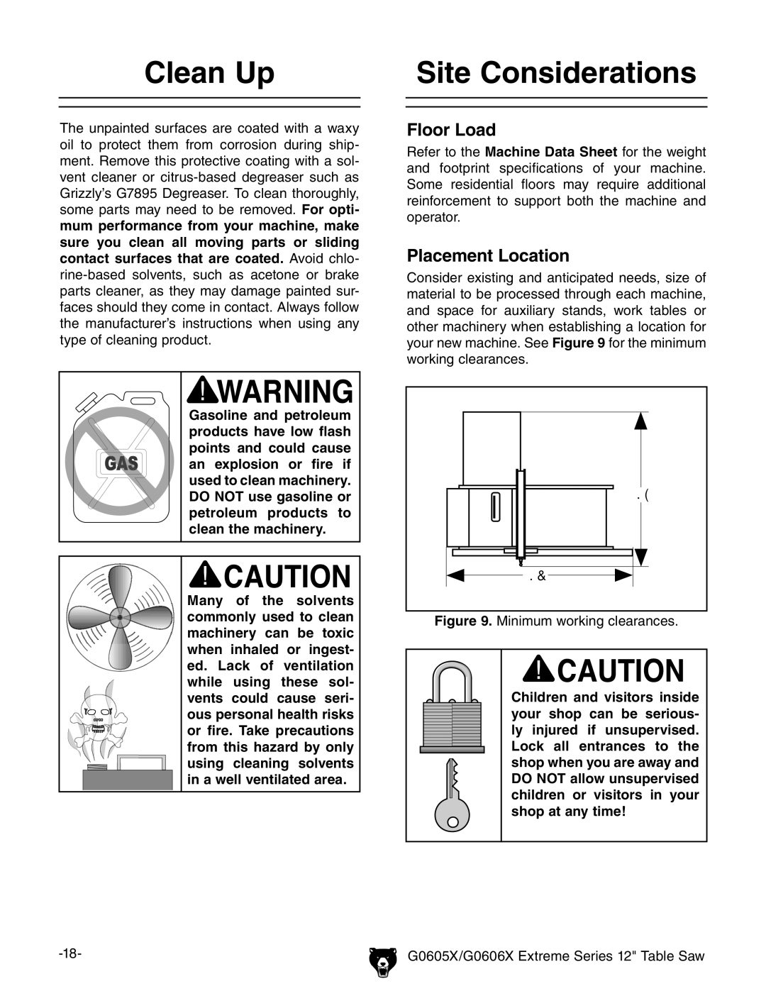 Grizzly G0605X/G0606X owner manual Clean Up, Site Considerations, Floor Load, Placement Location 