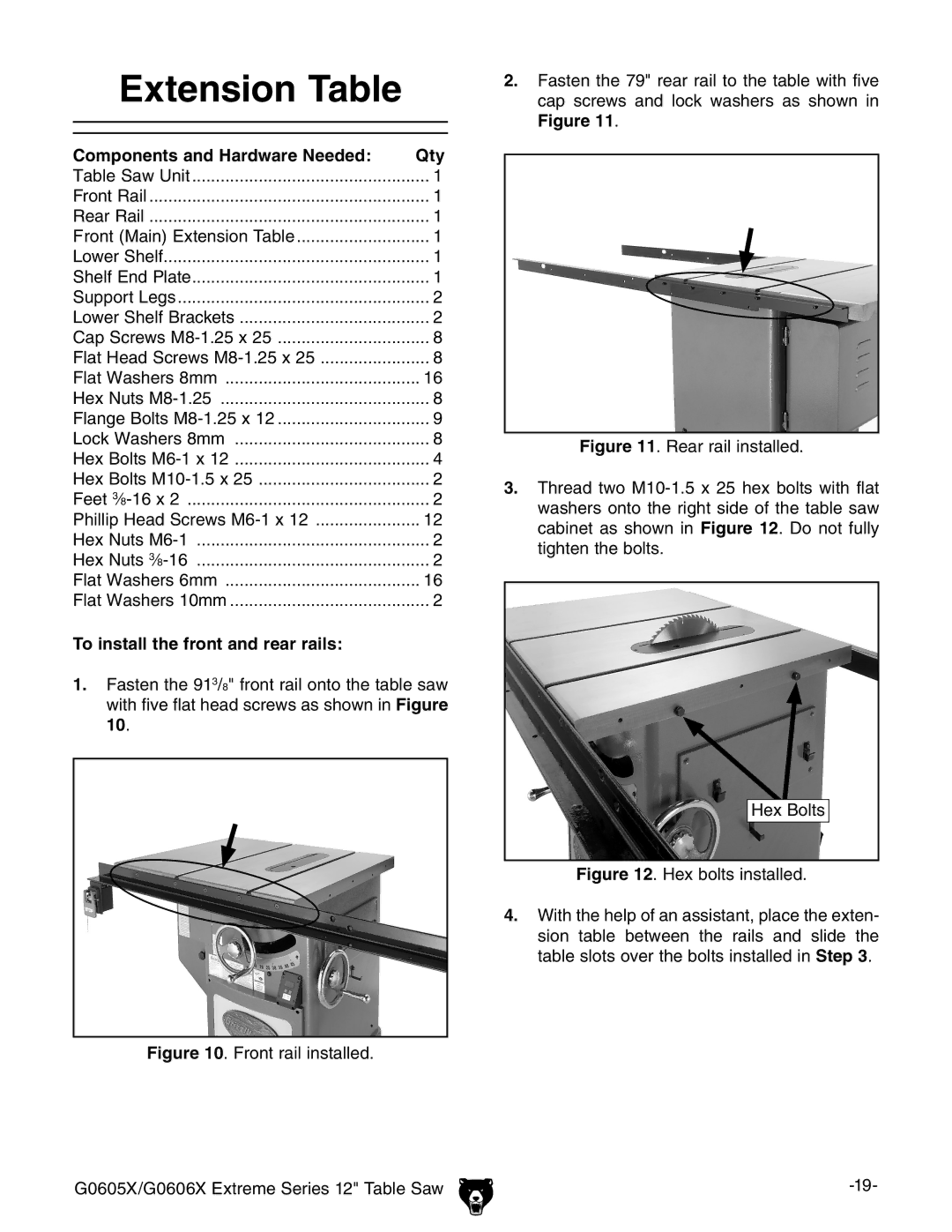 Grizzly G0605X/G0606X owner manual Extension Table, Components and Hardware Needed Qty, To install the front and rear rails 