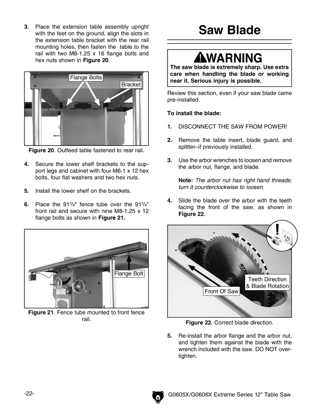 Grizzly G0605X/G0606X owner manual Saw Blade, To install the blade 