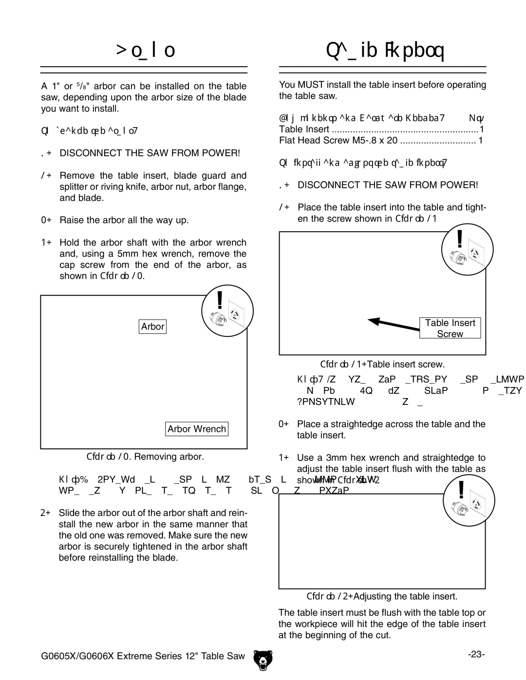 Grizzly G0605X/G0606X owner manual Arbor Table Insert, To change the arbor, To install and adjust the table insert 