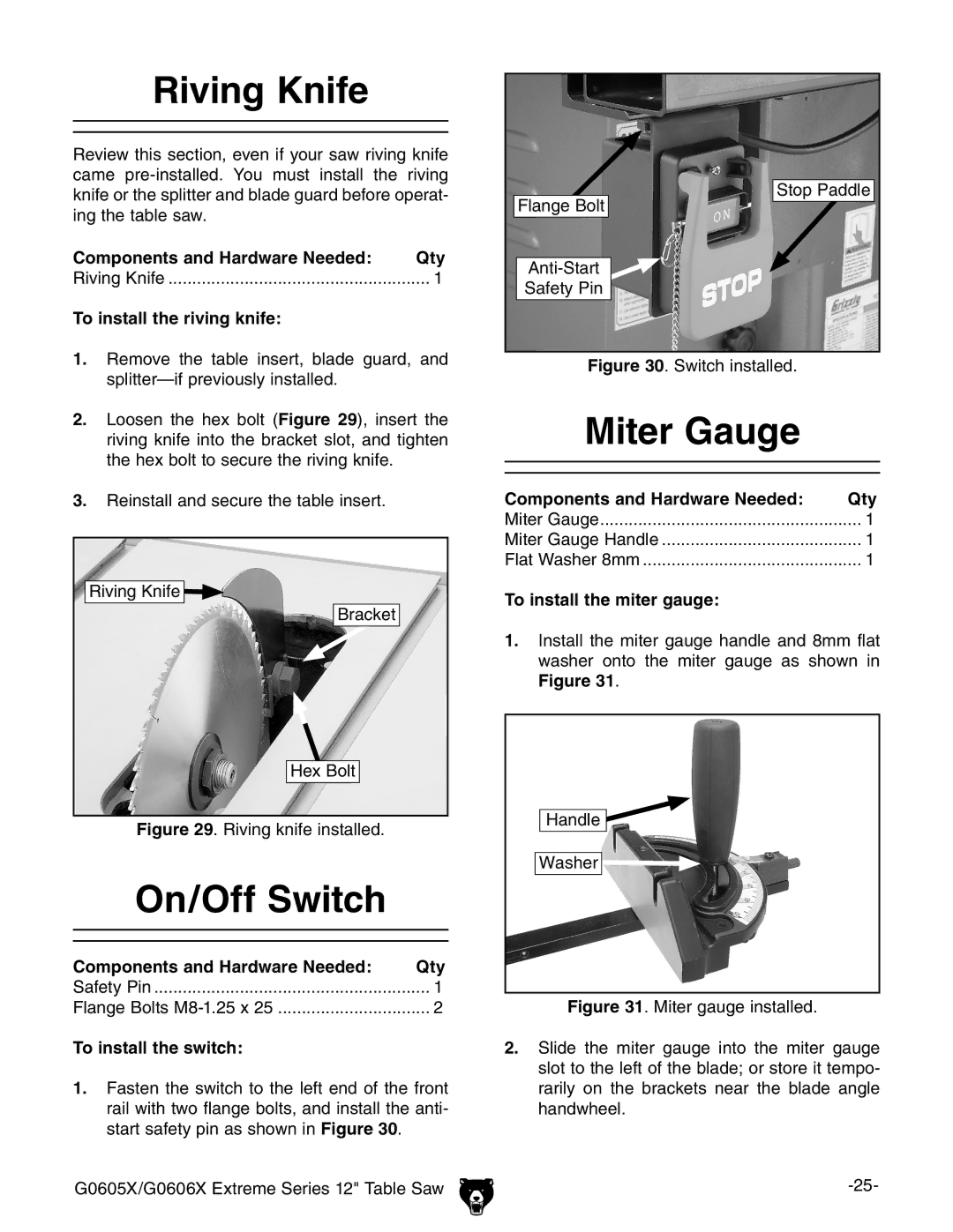 Grizzly G0605X/G0606X owner manual Riving Knife, On/Off Switch, Miter Gauge 