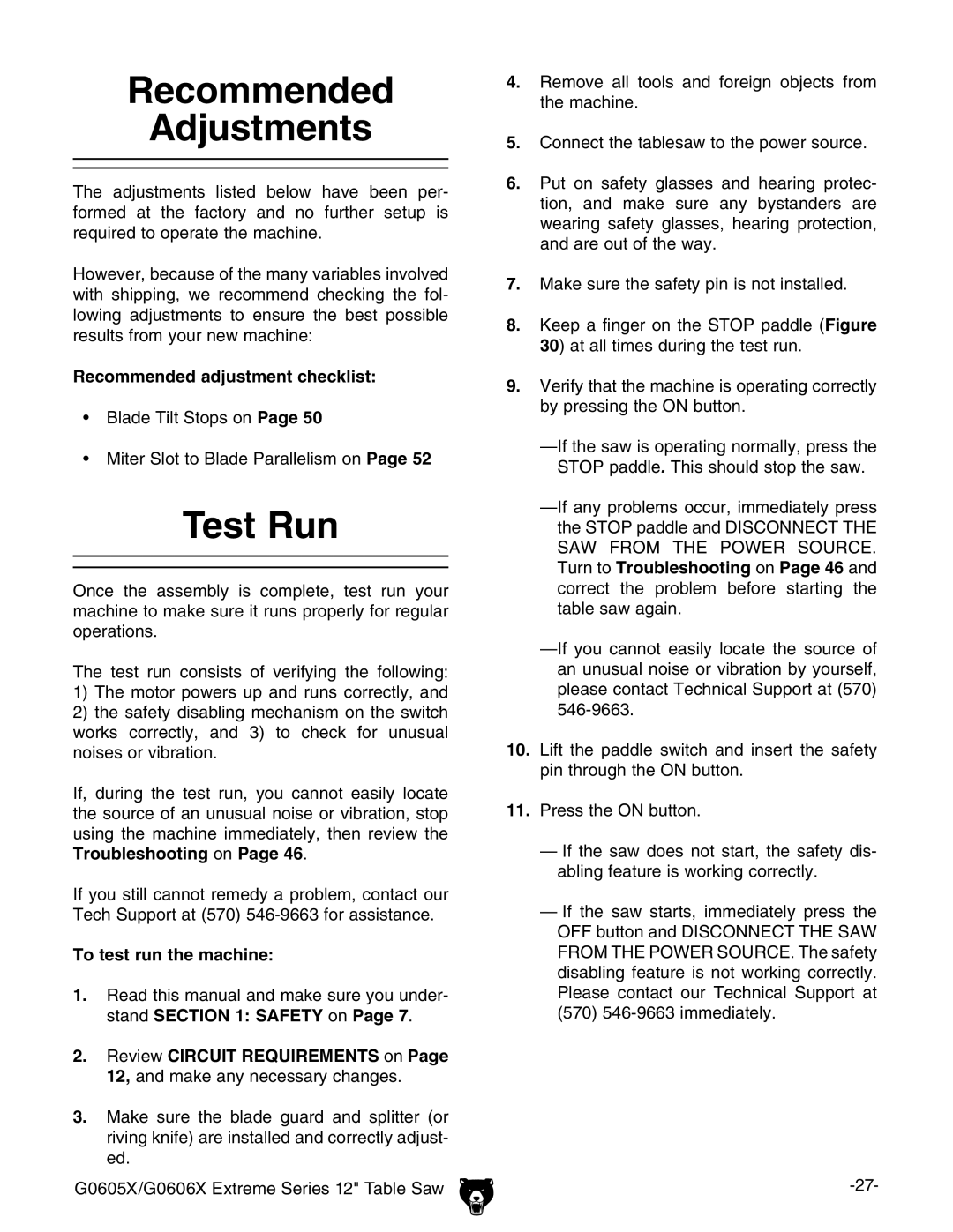 Grizzly G0605X/G0606X Recommended Adjustments, Test Run, Recommended adjustment checklist, To test run the machine 