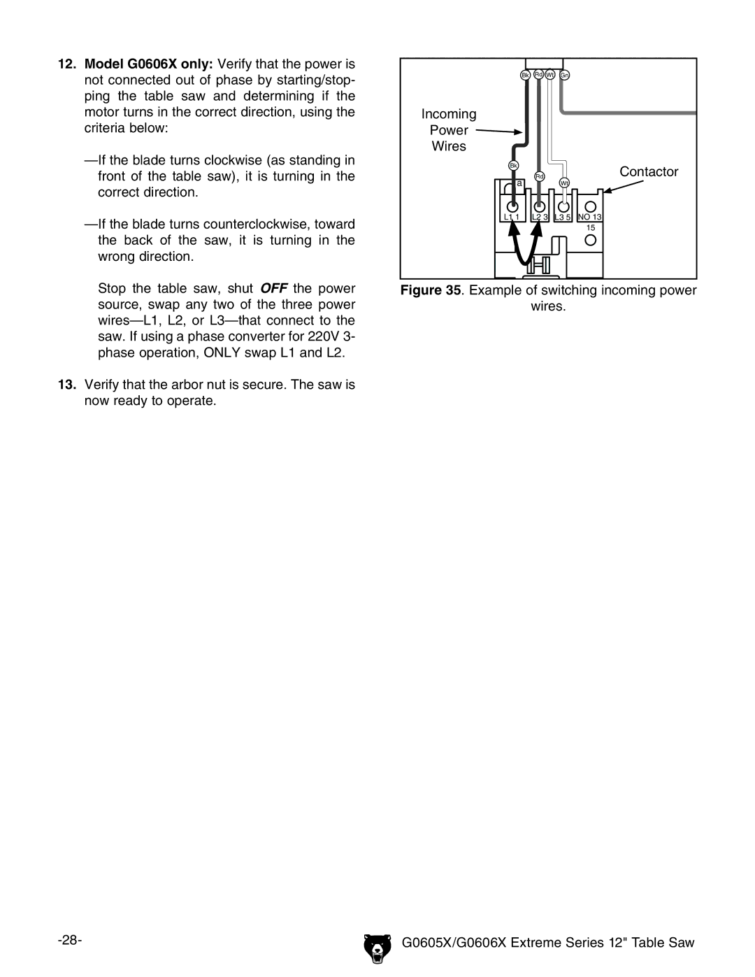 Grizzly G0605X/G0606X owner manual Example of switching incoming power 