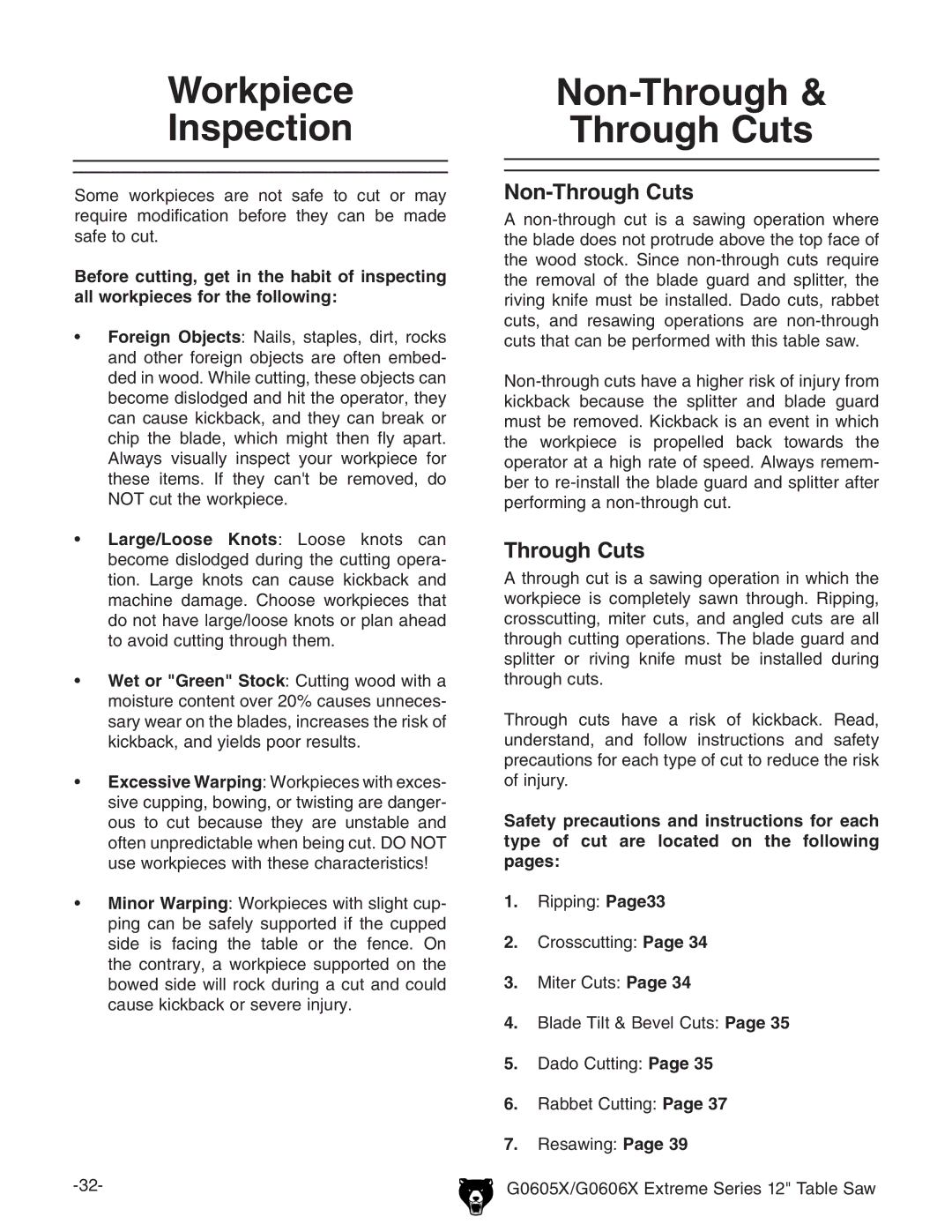 Grizzly G0605X/G0606X owner manual Workpiece Inspection, Non-Through Through Cuts, Non-Through Cuts 