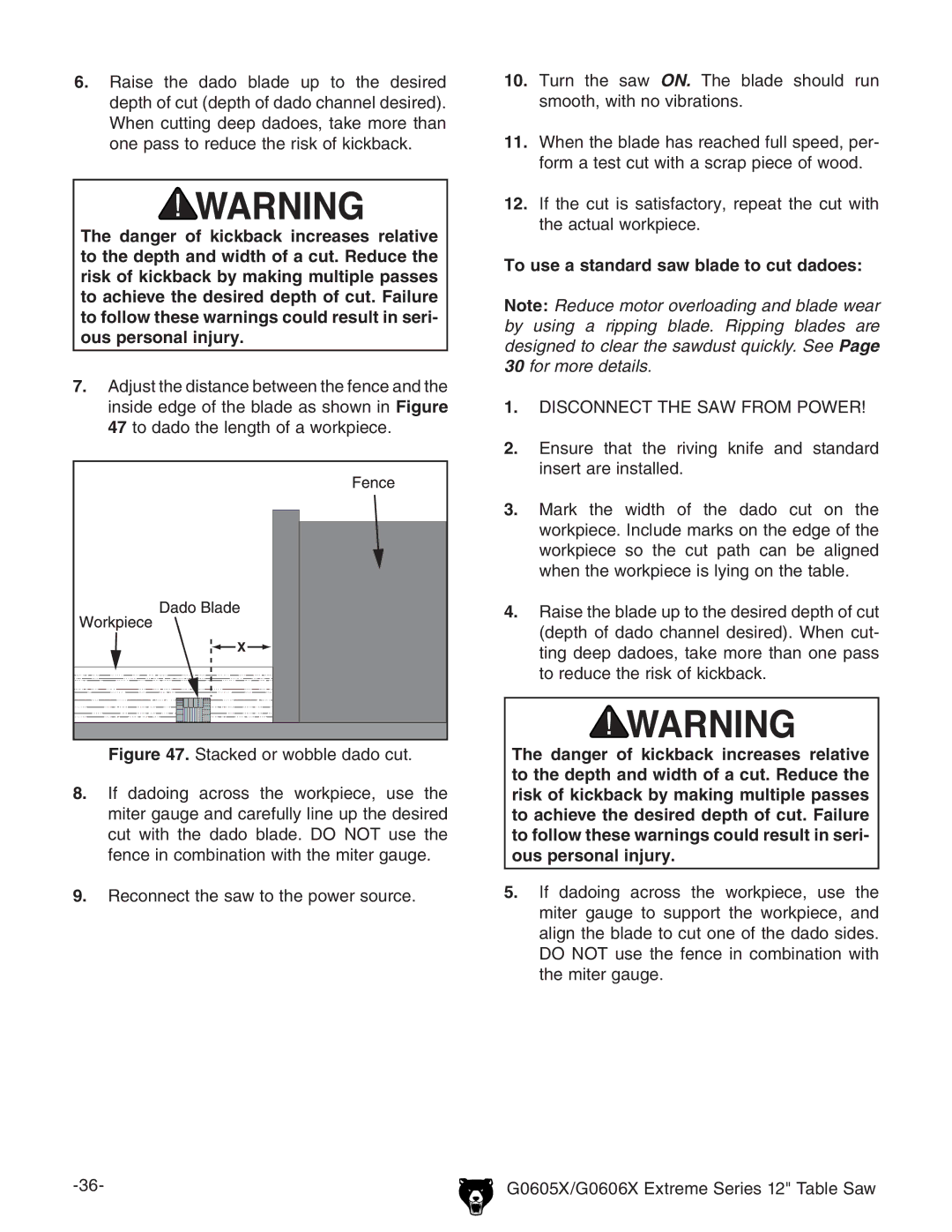 Grizzly G0605X/G0606X owner manual To use a standard saw blade to cut dadoes 