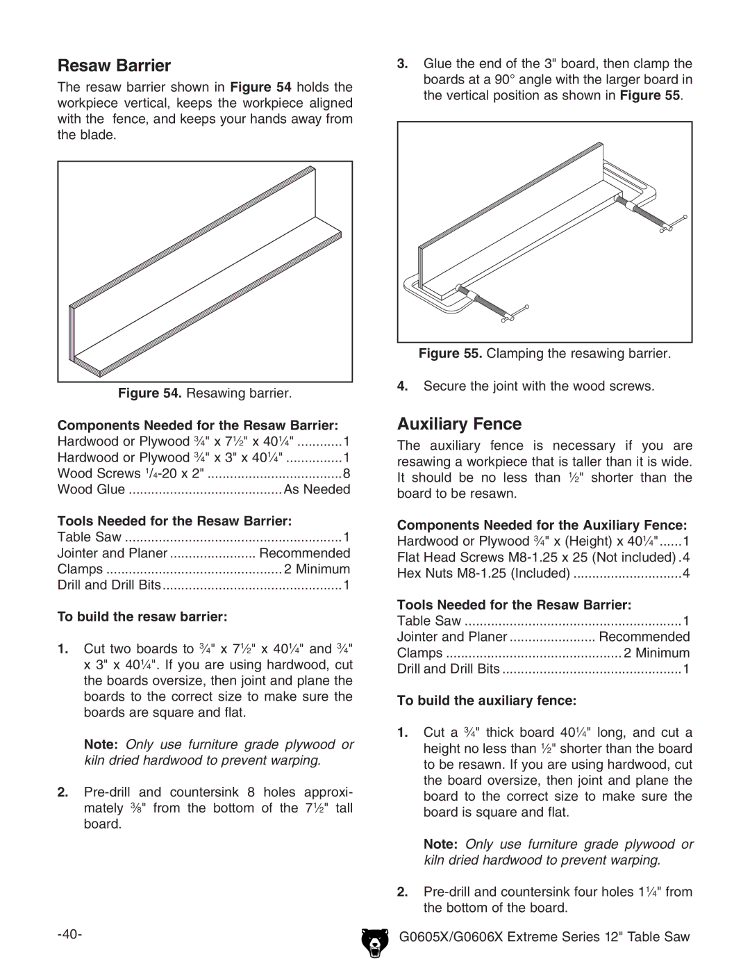 Grizzly G0605X/G0606X owner manual Resaw Barrier, Auxiliary Fence 