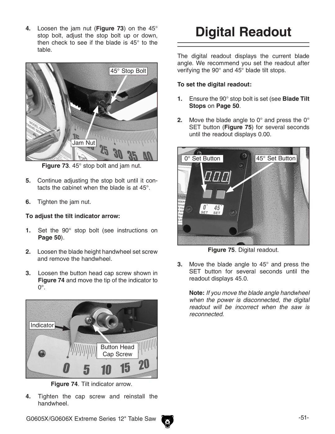 Grizzly G0605X/G0606X owner manual Digital Readout, To adjust the tilt indicator arrow, To set the digital readout 