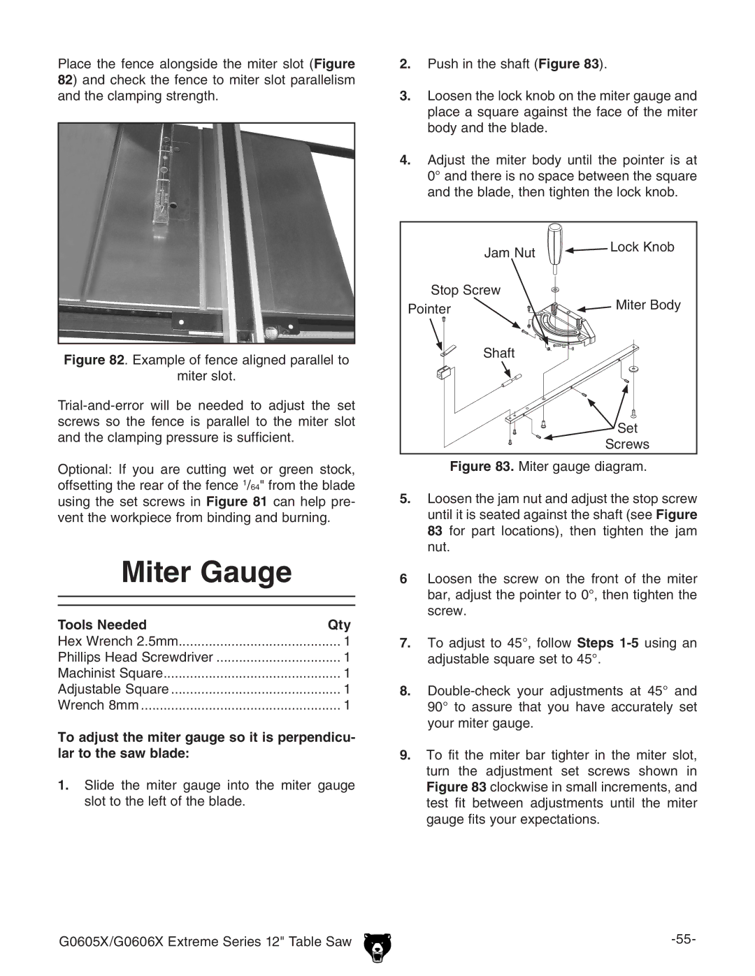 Grizzly G0605X/G0606X owner manual Miter Gauge 