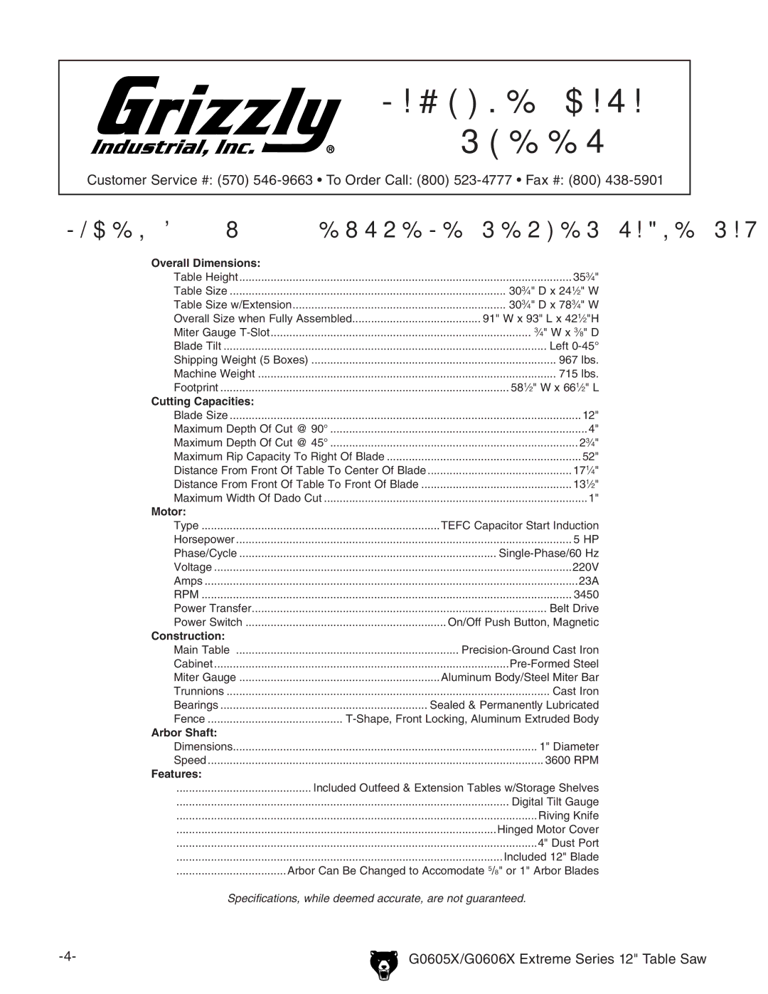 Grizzly G0605X/G0606X owner manual Machine Data Sheet 